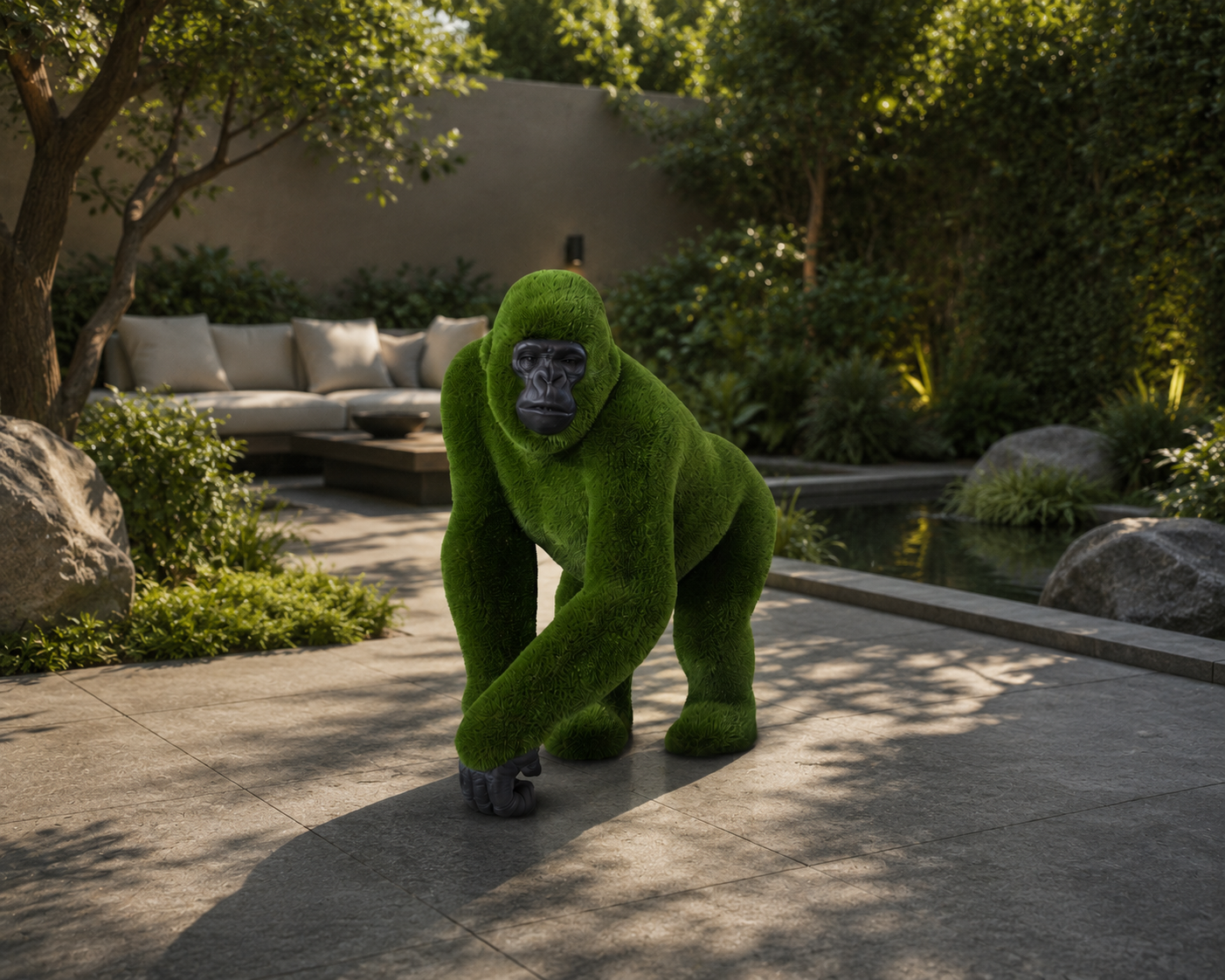 Gorilla female with carved face Sanatsal Yüz Detaylı Dişi Goril Figürlü Peyzaj Sanatı - Çelik Konstrüksiyon Yapay Çim Heykeli ve Topiary 160x100x190 cm