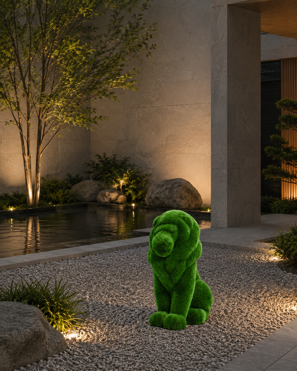 Lion Small Dekoratif Aslan Figürlü Peyzaj Sanatı - Çelik Konstrüksiyon Yapay Çim Heykeli ve Topiary 130x95x65 cm