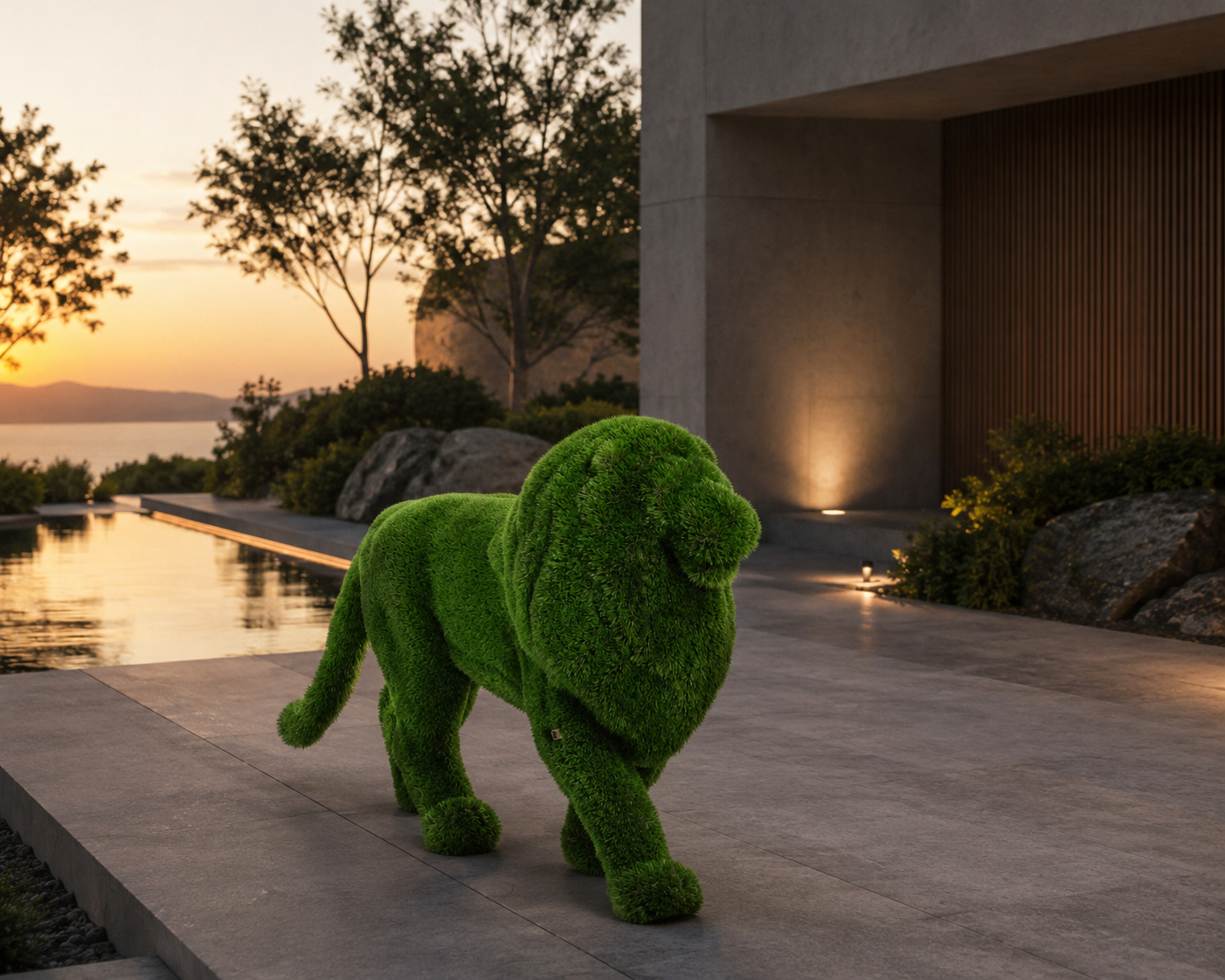 Lion Standing Big Ayakta Duran Büyük Aslan Figürlü Peyzaj Sanatı - Çelik Konstrüksiyon Yapay Çim Heykeli ve Topiary 265x310x110 cm