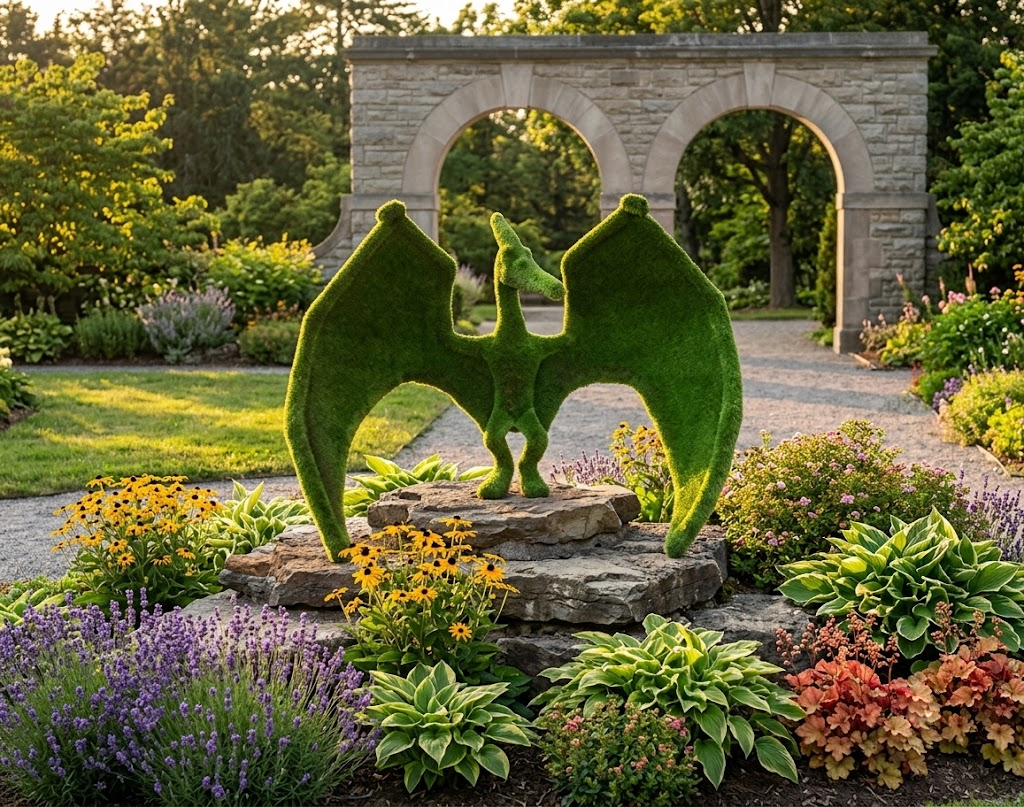 Pterodactyl Dev Uçan Sürüngen Figürlü Peyzaj Sanatı - Çelik Konstrüksiyon Yapay Çim Heykeli ve Topiary 205x260x140 cm
