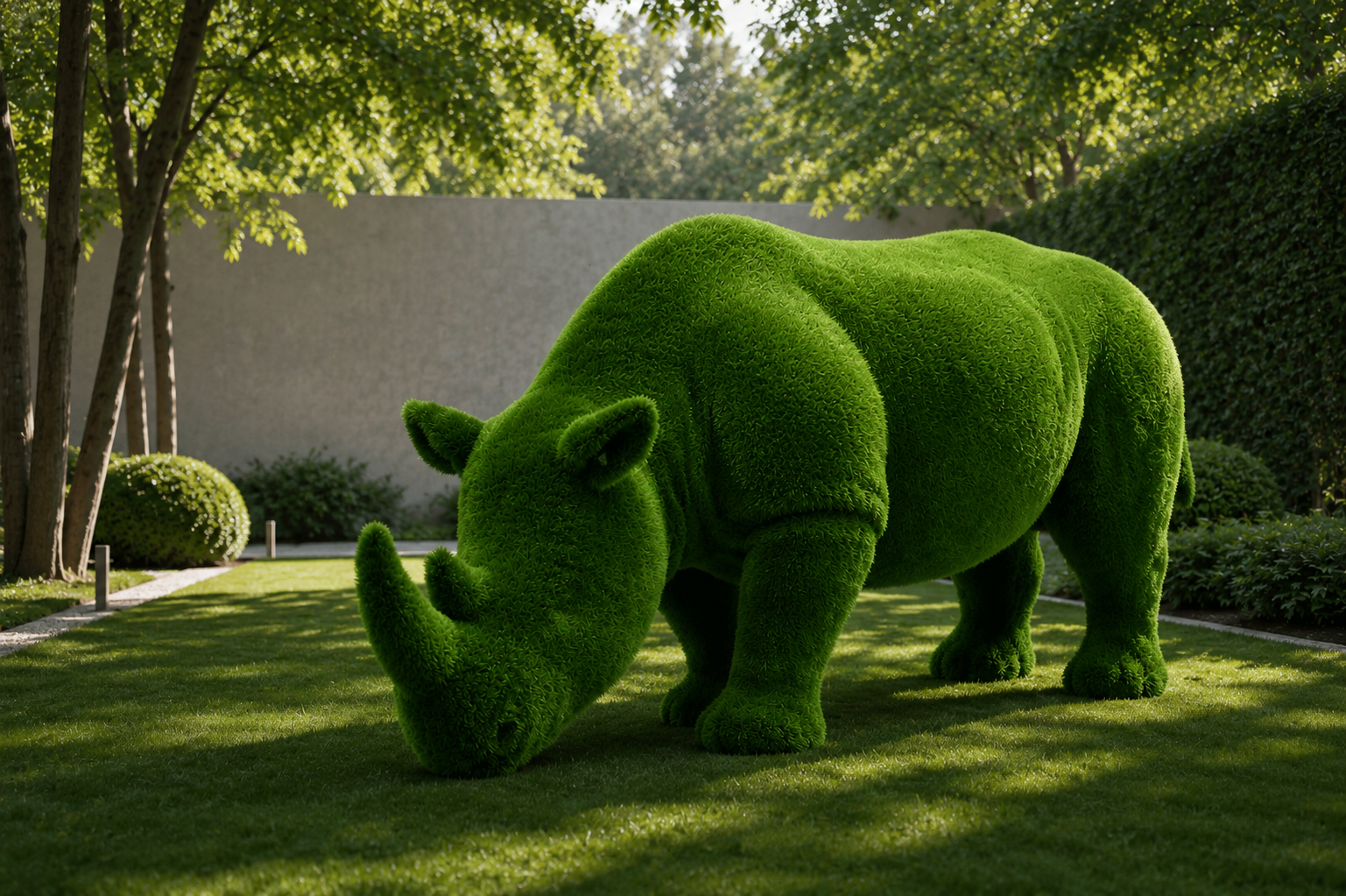 Rhinoceros Dekoratif Gergedan Figürlü Peyzaj Sanatı - Çelik Konstrüksiyon Yapay Çim Heykeli ve Topiary 150x320x120 cm