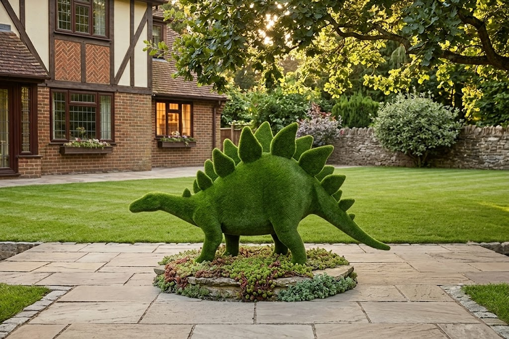 Stegosaur Dev Plakalı Dinozor Figürlü Peyzaj Sanatı - Çelik Konstrüksiyon Yapay Çim Heykeli ve Topiary 265x530x150 cm