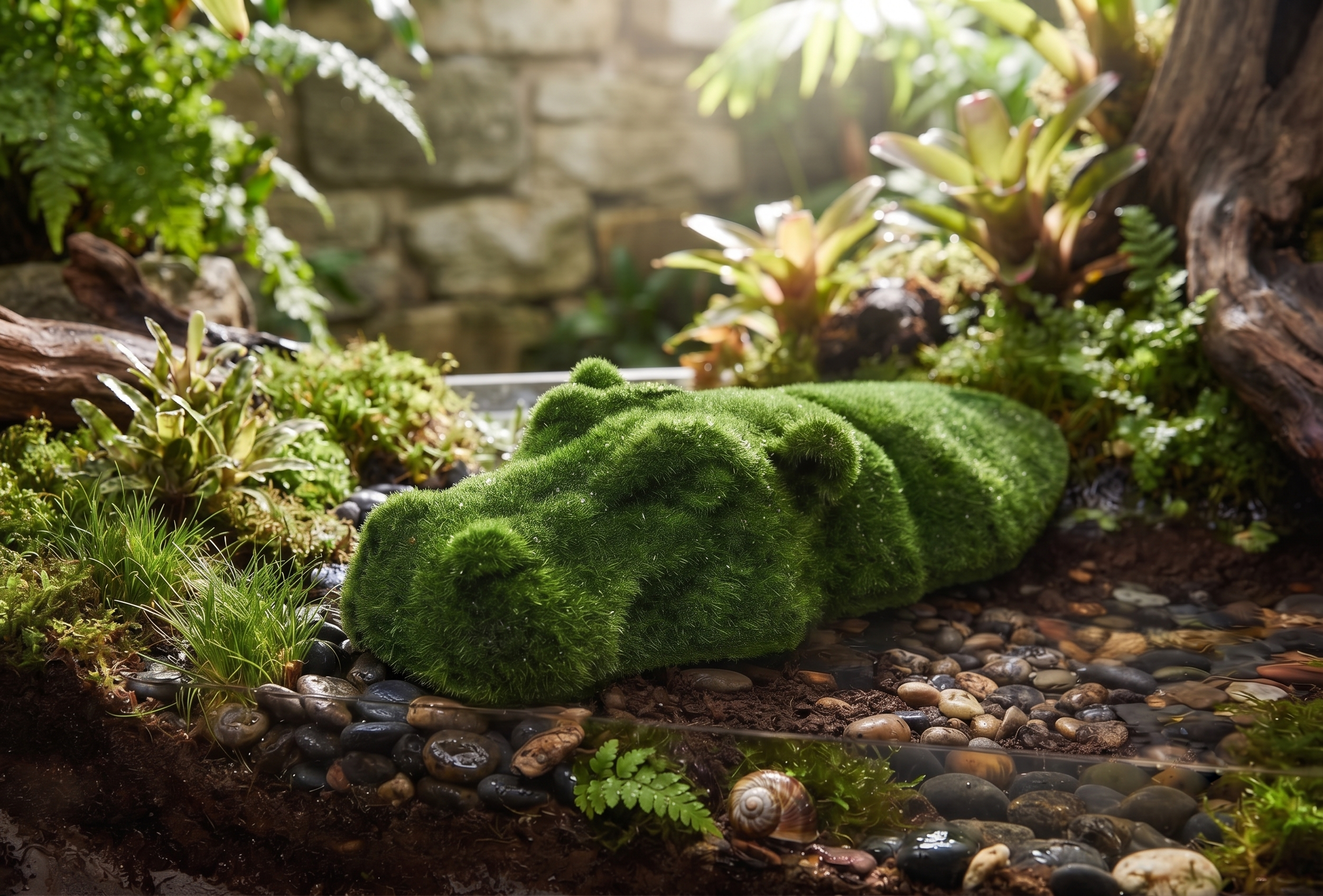 Swimming Hippo Medium Yüzen Su Aygırı Figürlü Peyzaj Sanatı - Çelik Konstrüksiyon Yapay Çim Heykeli ve Dev Topiary 55x315x110 cm