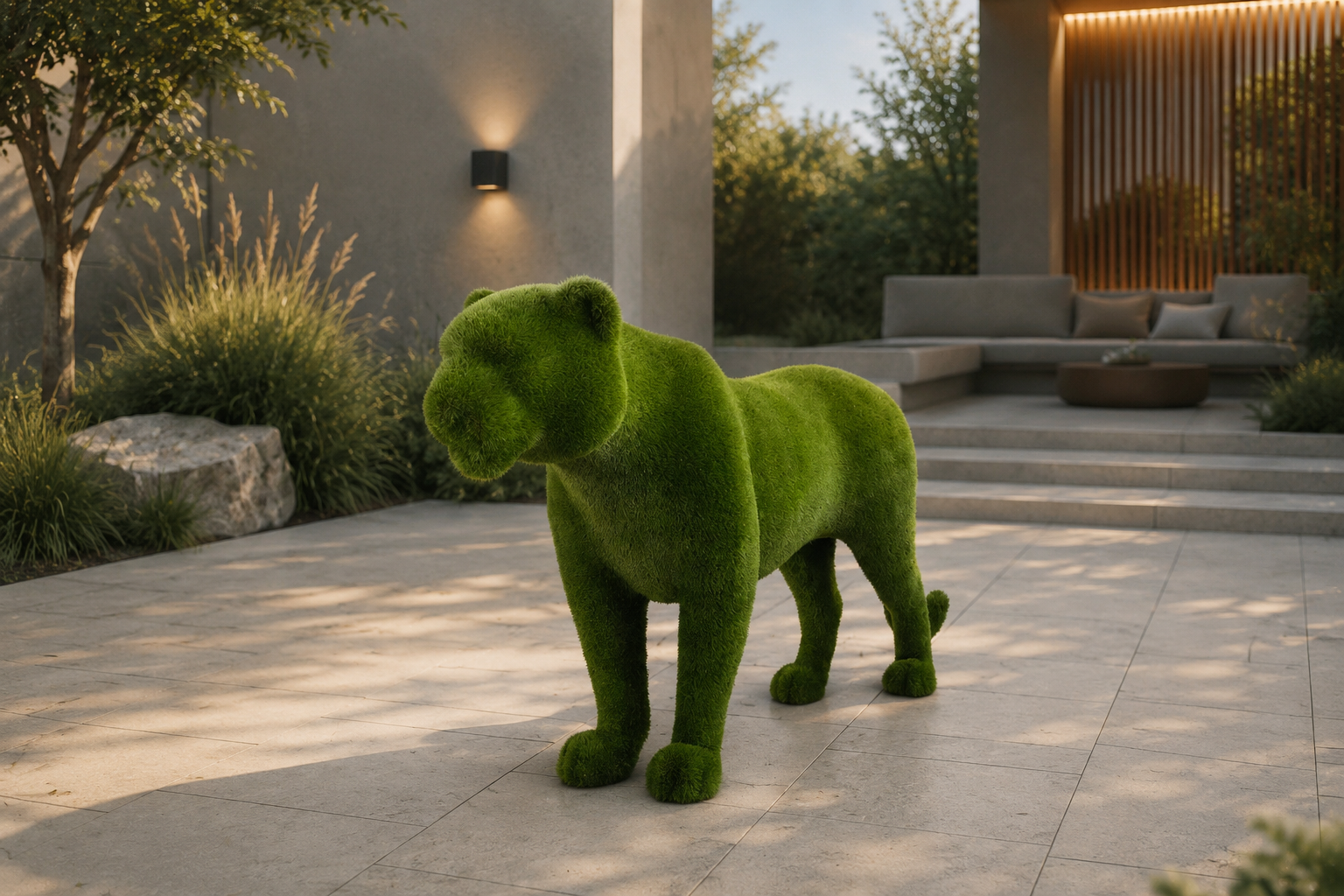 Tiger Dekoratif Kaplan Figürlü Peyzaj Sanatı - Çelik Konstrüksiyon Yapay Çim Heykeli ve Topiary 170x310x75 cm