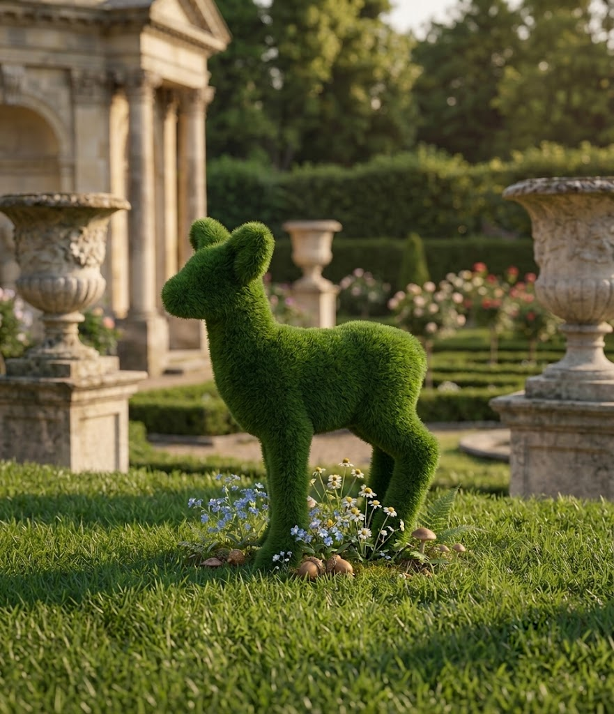 Baby roe deer Sevimli Yavru Karaca Figürlü Peyzaj Sanatı - Çelik Konstrüksiyon Yapay Çim Heykeli ve Topiary 103x86x35 cm