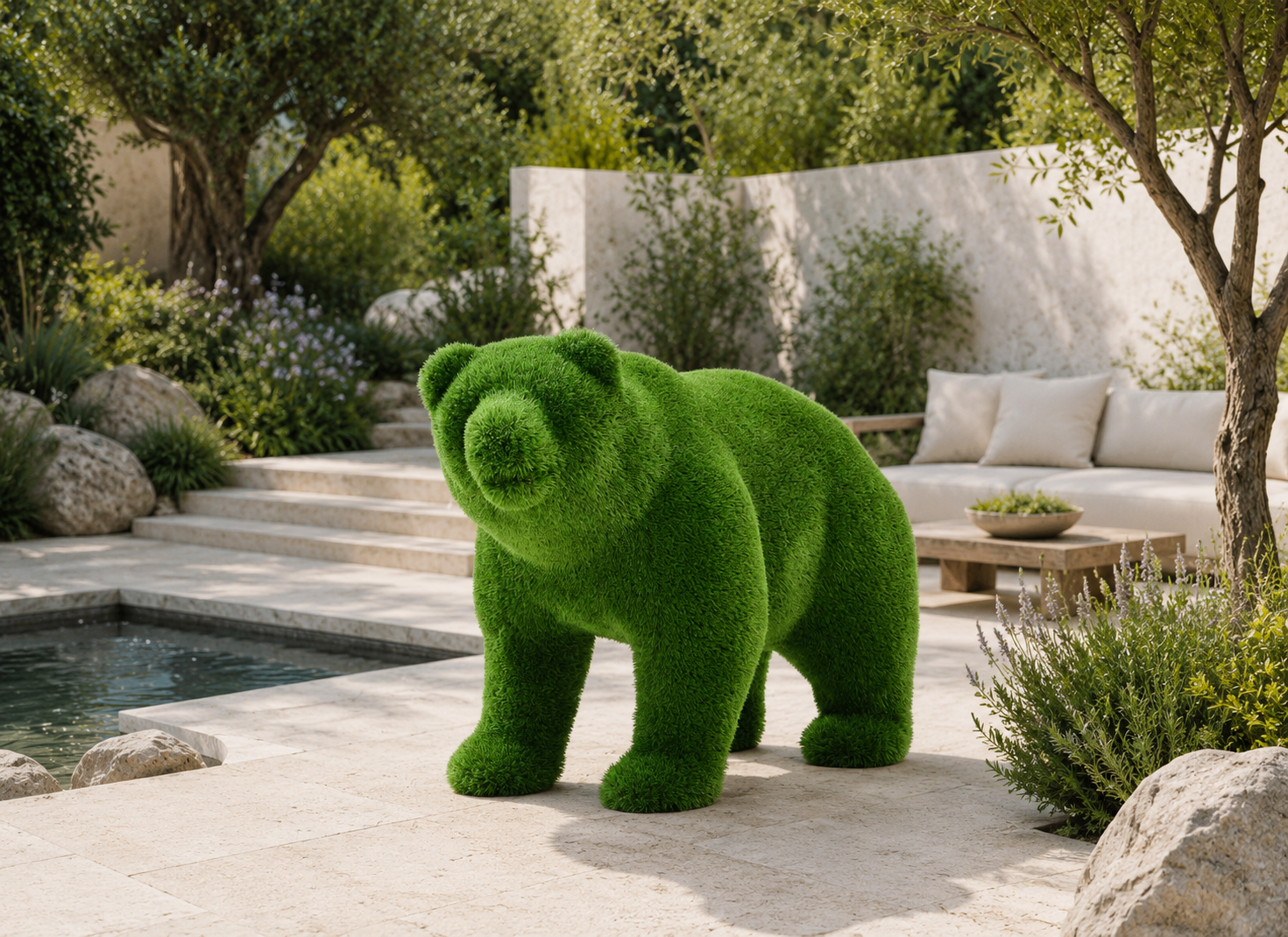 Bear Dekoratif Ayı Figürlü Peyzaj Sanatı - Çelik Konstrüksiyon Yapay Çim Heykeli ve Topiary 150x250x110 cm