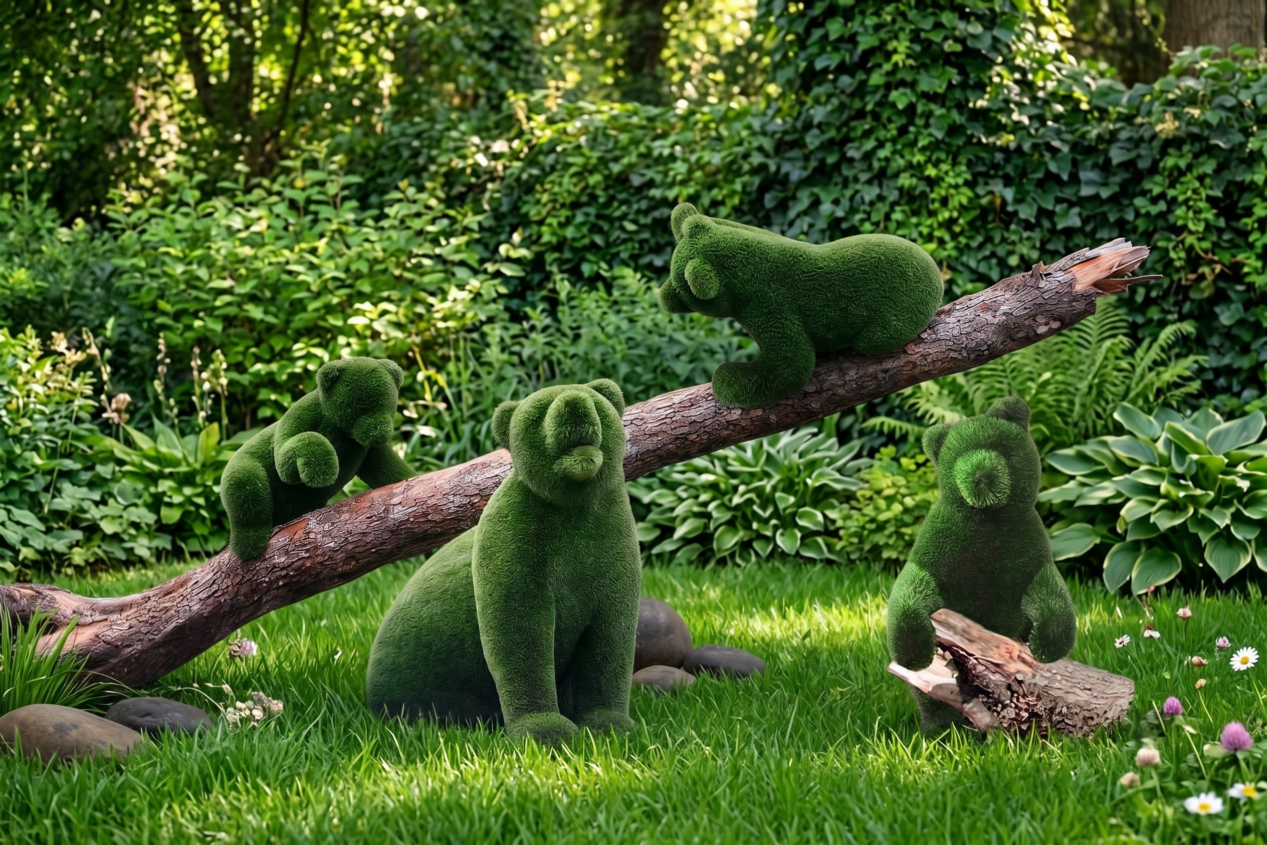 Bears in the Forest Orman Ayıları Ailesi Figürlü Peyzaj Sanatı - Çelik Konstrüksiyon Yapay Çim Heykeli ve Dev Topiary (Kişiye Özel Ebat)