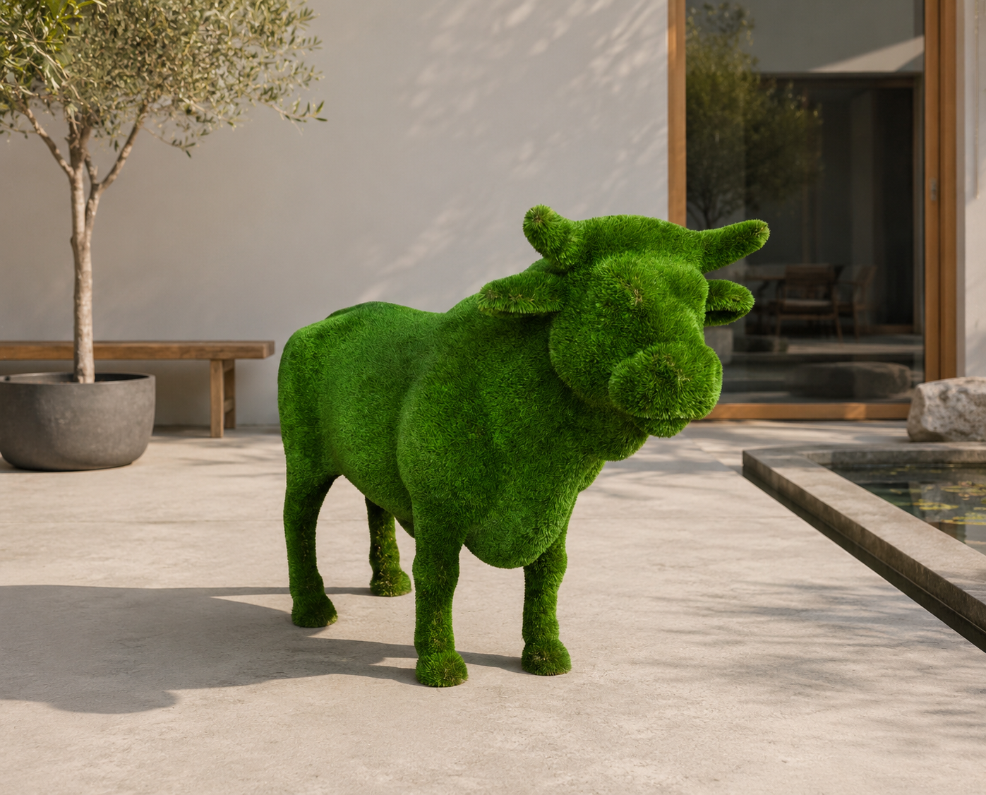 Black Angus bull Heybetli Angus Boğası Figürlü Peyzaj Sanatı - Çelik Konstrüksiyon Yapay Çim Heykeli ve Topiary 190x360x105 cm