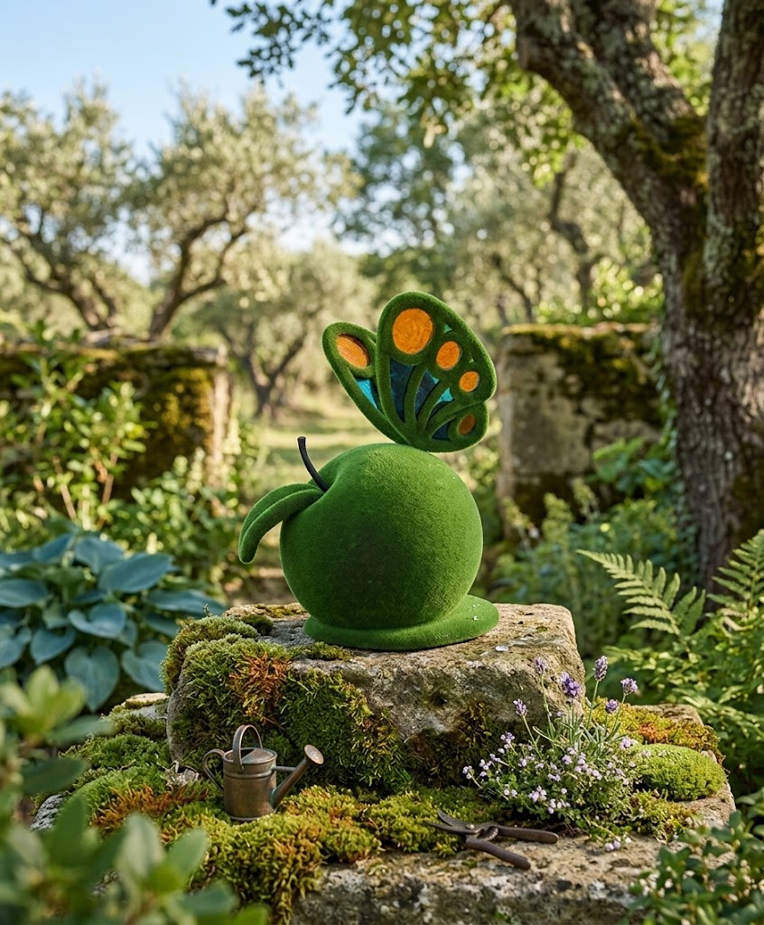 Butterfly on apple Elma Üzerinde Kelebek Figürlü Peyzaj Sanatı - Çelik Konstrüksiyon Yapay Çim Heykeli ve Topiary 310x240x120 cm