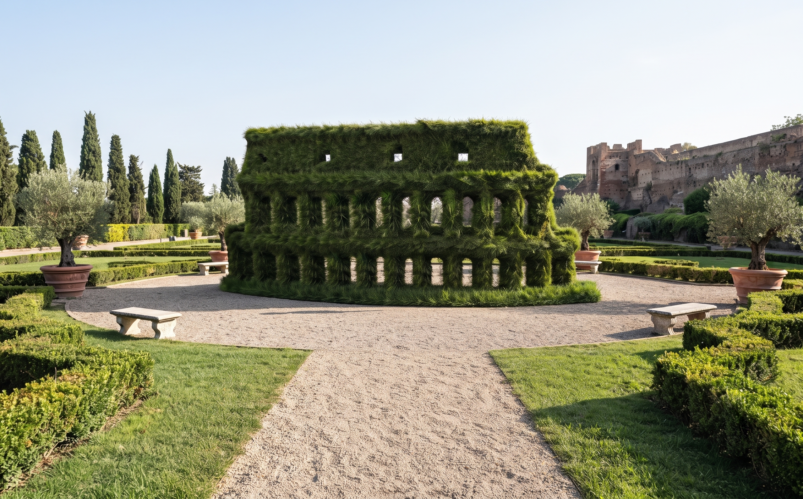 Colosseum Antik Roma Amfitiyatro Figürlü Peyzaj Sanatı - Çelik Konstrüksiyon Yapay Çim Heykeli ve Dev Topiary 180x450x150 cm