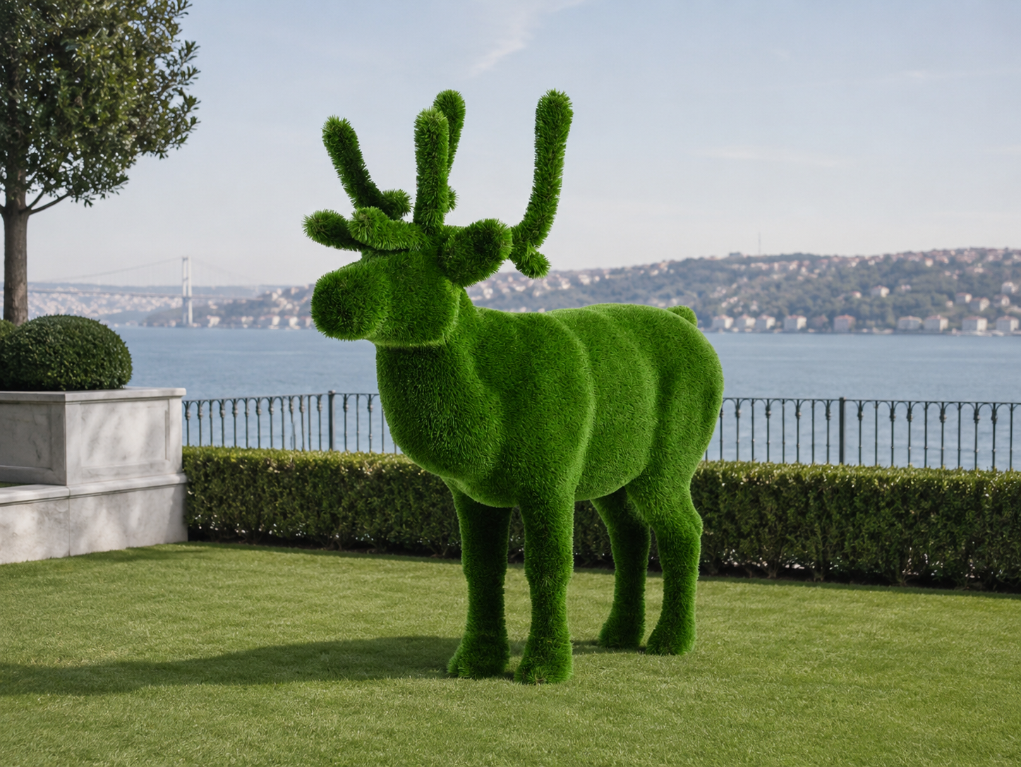 Deer Asil Boynuzlu Büyük Geyik Figürlü Peyzaj Sanatı - Çelik Konstrüksiyon Yapay Çim Heykeli ve Topiary 205x220x55 cm