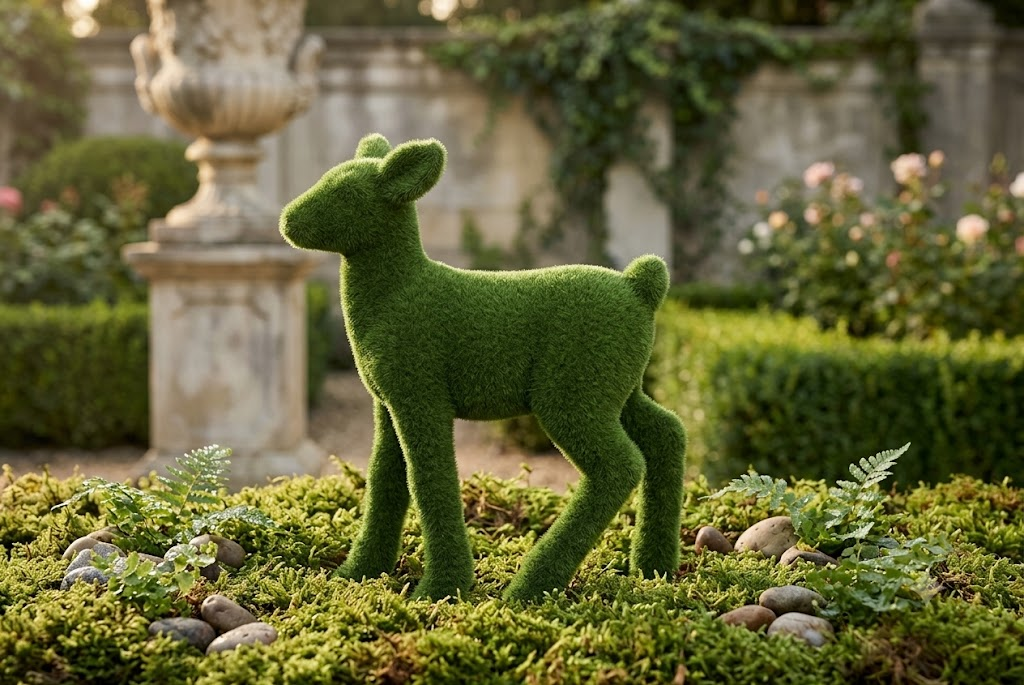 Deer small Estetik Boynuzlu Küçük Geyik Figürlü Peyzaj Sanatı - Çelik Konstrüksiyon Yapay Çim Heykeli ve Topiary 140x115x50 cm