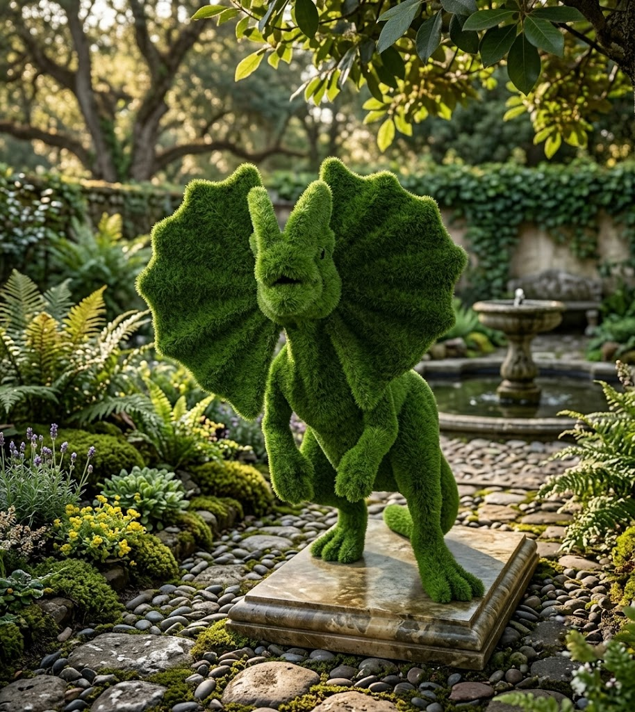 Dilophosaur with frill Boyun Yakalı Dinozor Figürlü Peyzaj Sanatı - Çelik Konstrüksiyon Yapay Çim Heykeli ve Topiary 260x390x190 cm