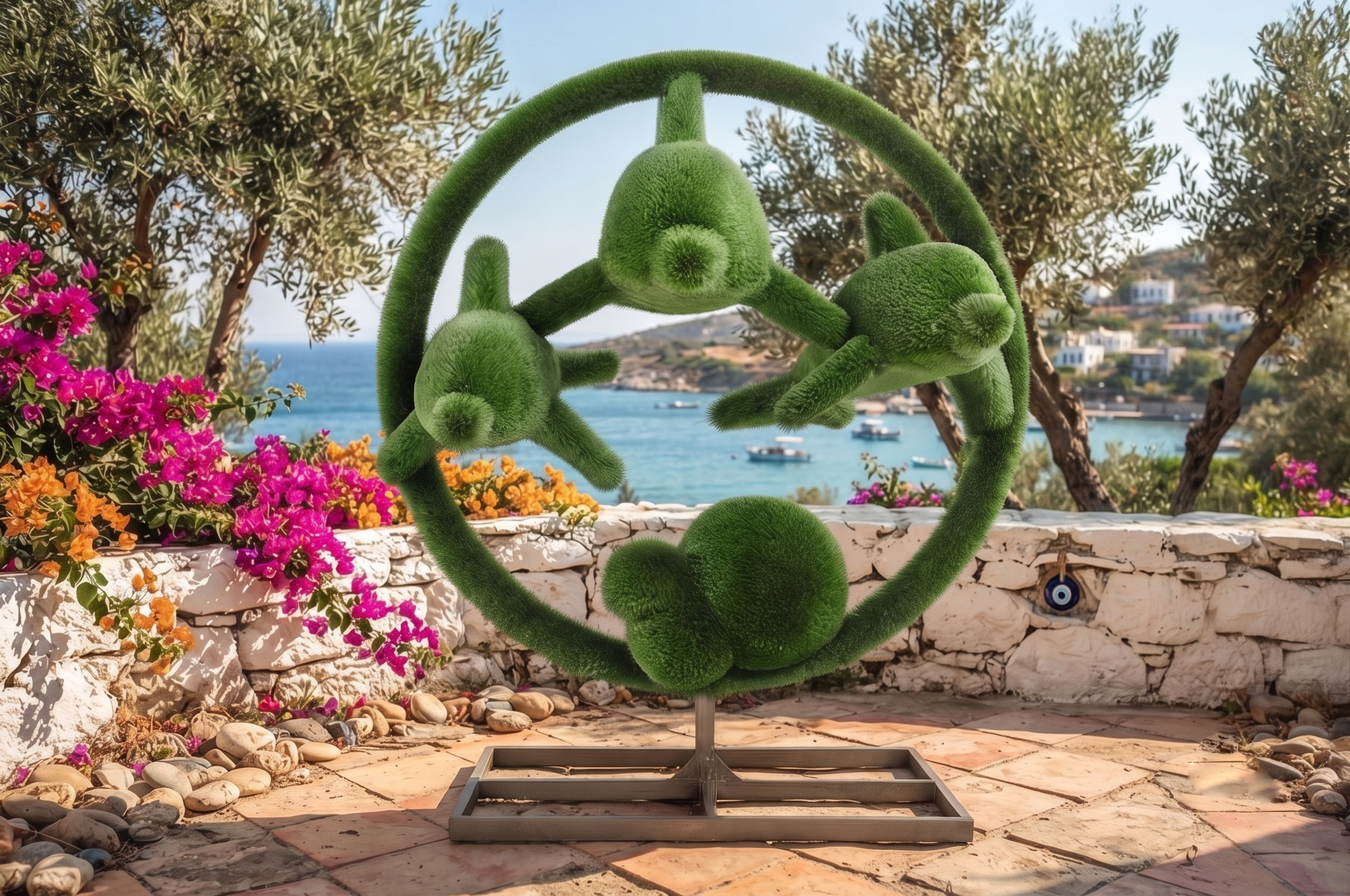 Dolphins Estetik Şahlanan Yunuslar Figürlü Peyzaj Sanatı - Çelik Konstrüksiyon Yapay Çim Heykeli ve Dev Topiary 200x210x180 cm