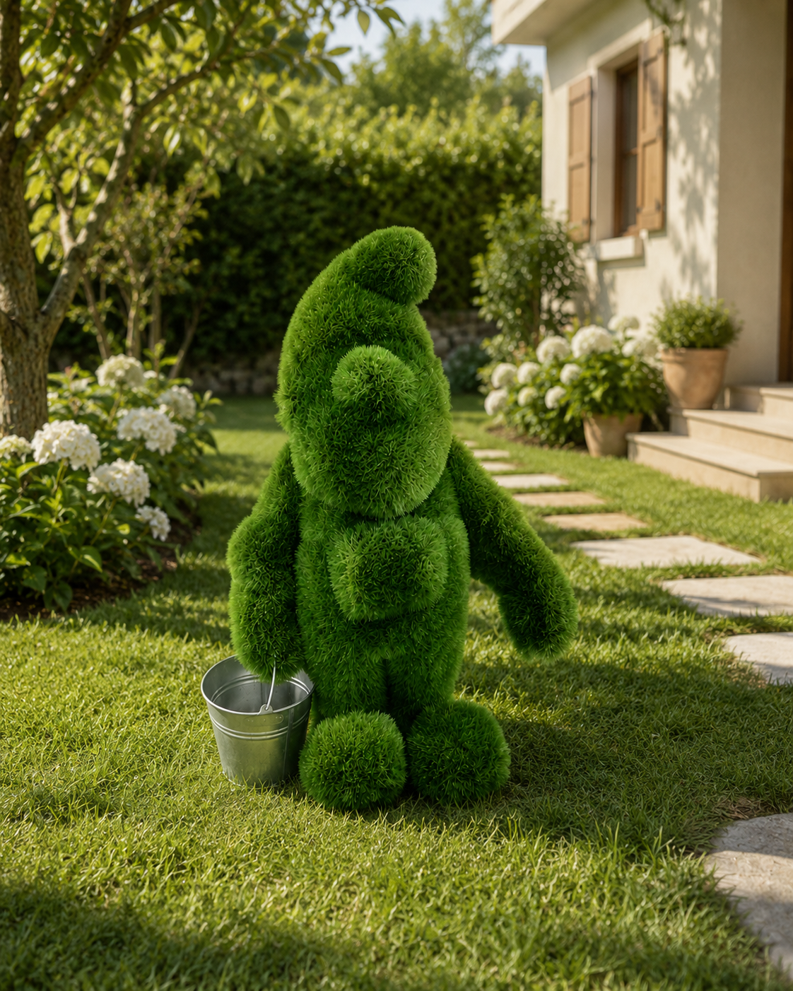 Dwarf Sevimli Bahçe Cücesi Figürlü Peyzaj Sanatı - Çelik Konstrüksiyon Yapay Çim Heykeli ve Topiary 110x70x50 cm