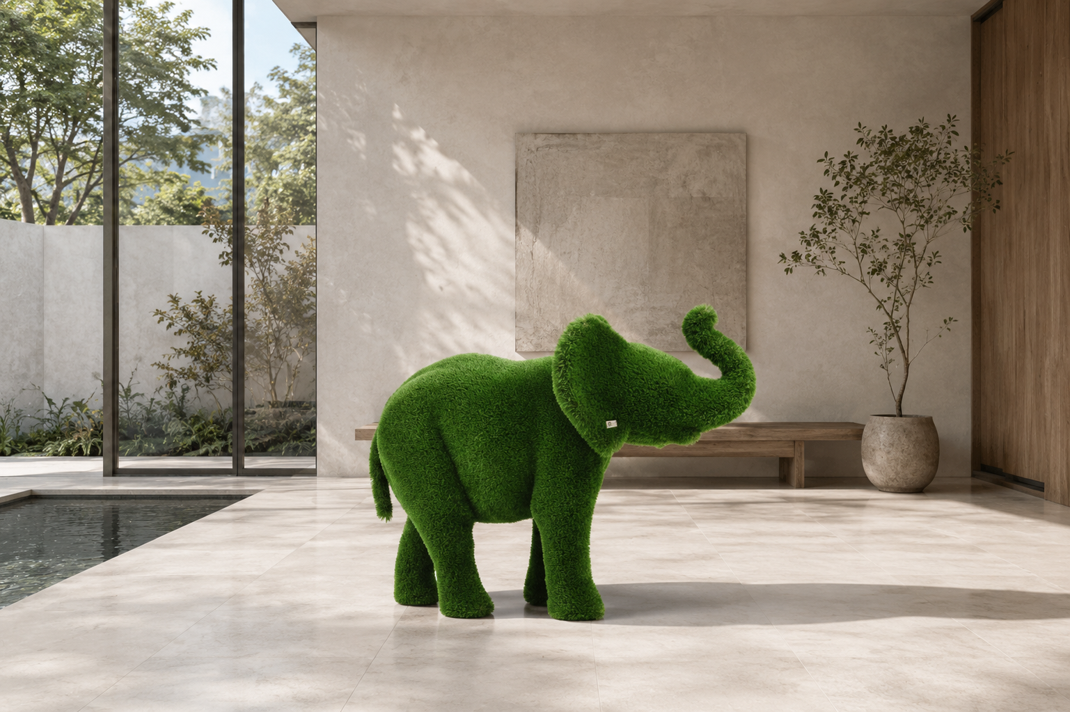 Elephant Small Dekoratif Fil Figürlü Peyzaj Sanatı - Çelik Konstrüksiyon Yapay Çim Heykeli ve Topiary 115x165x90 cm