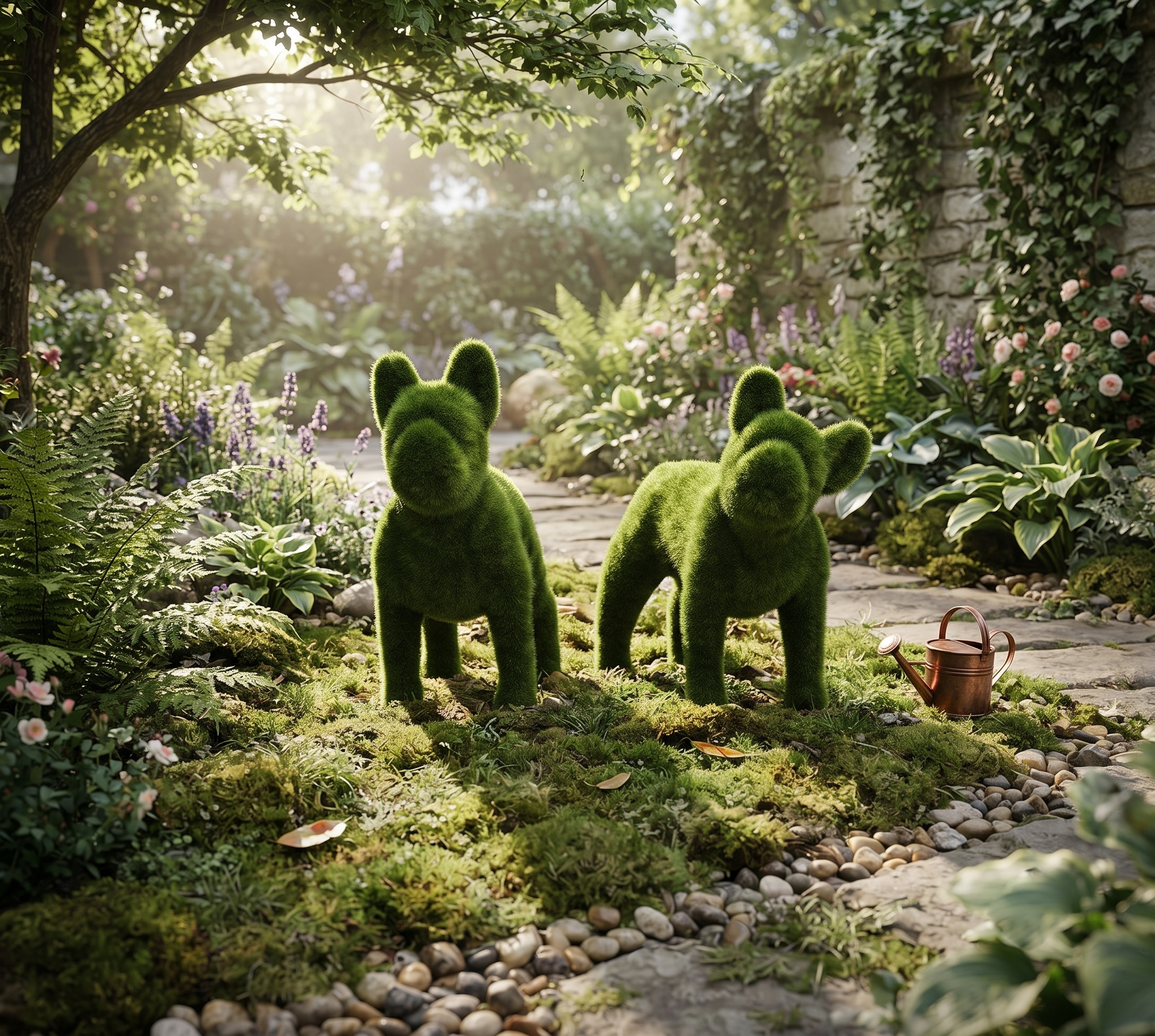French Bulldog Straight Head & Turned Head İkili Peyzaj Sanatı - Çelik Konstrüksiyon Yapay Çim Heykeli ve Dev Topiary Seti (Kişiye Özel Ebat)