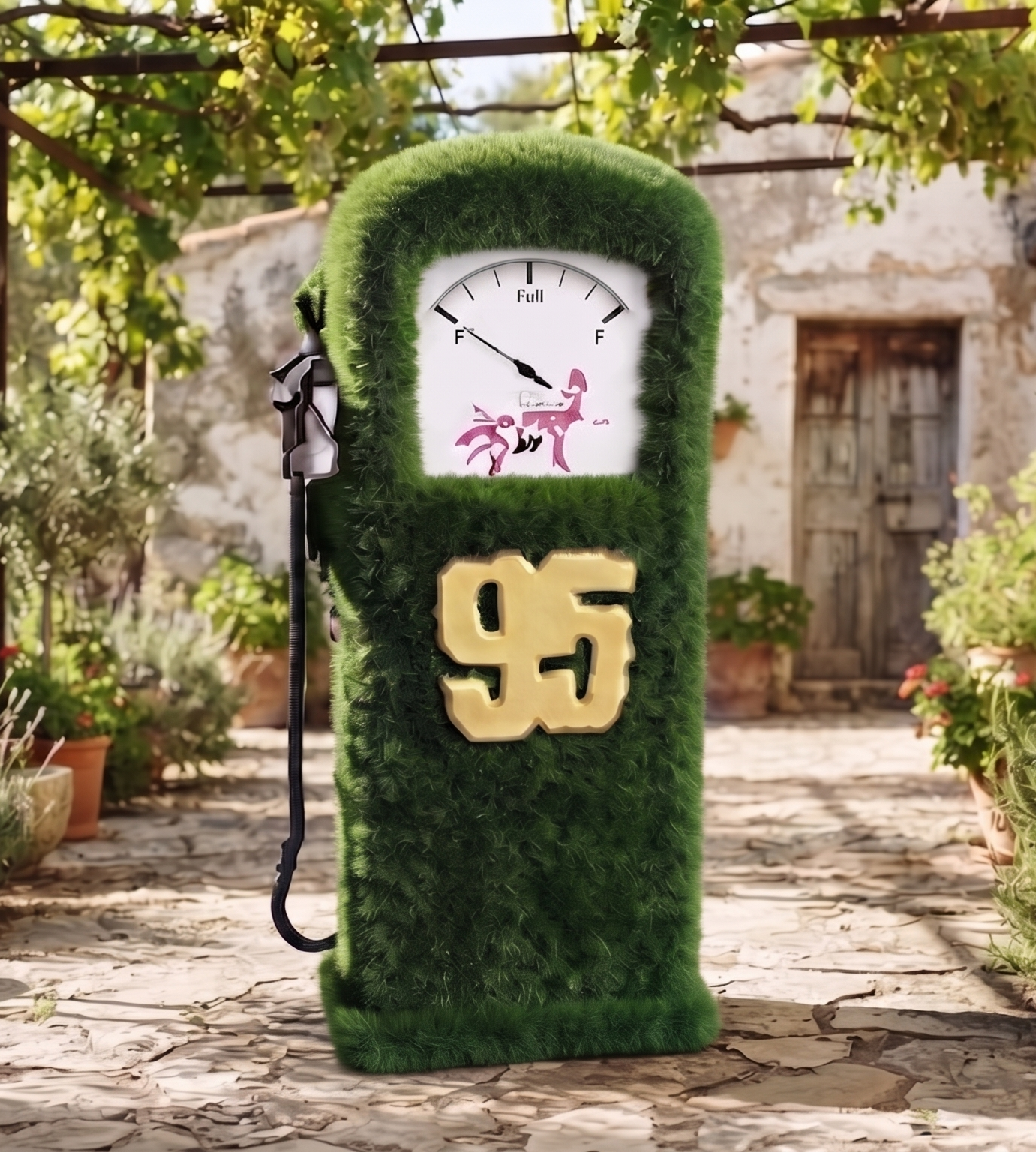 Gasoline Station İkonik Yakıt Pompası Figürlü Peyzaj Sanatı - Çelik Konstrüksiyon Yapay Çim Heykeli ve Topiary 160x80x90 cm