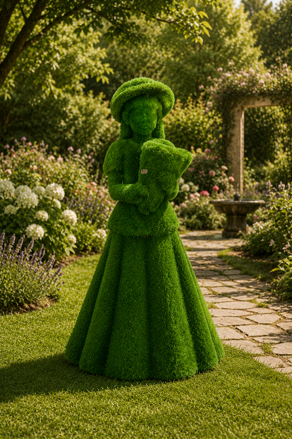 Girl with a bouquet Buketli Kız Figürlü Peyzaj Sanatı - Çelik Konstrüksiyon Yapay Çim Heykeli ve Topiary 146x84x94 cm