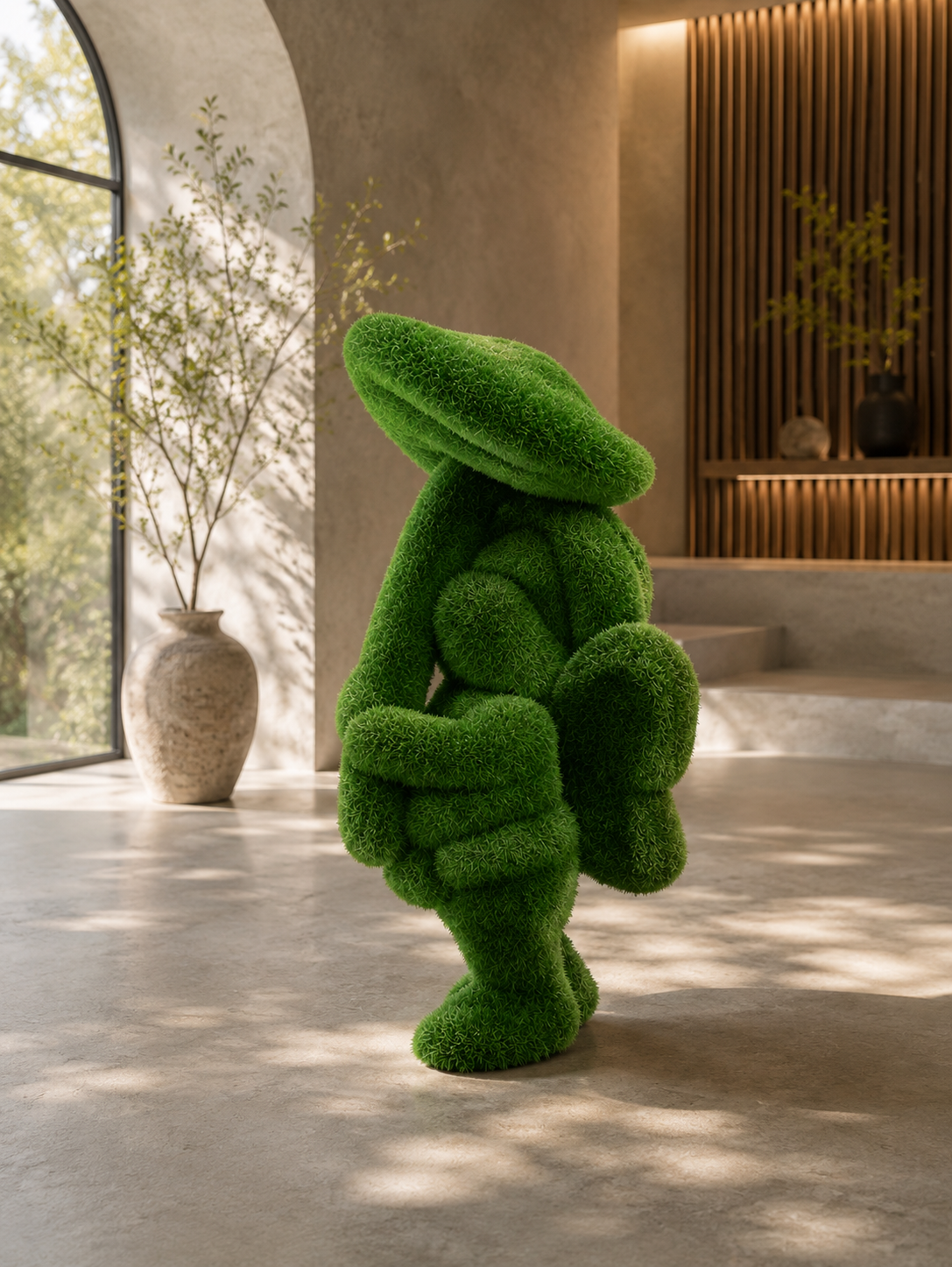 Girl with a mushroom Mantarlı Kız Figürlü Peyzaj Sanatı - Çelik Konstrüksiyon Yapay Çim Heykeli ve Topiary 157x87x75 cm
