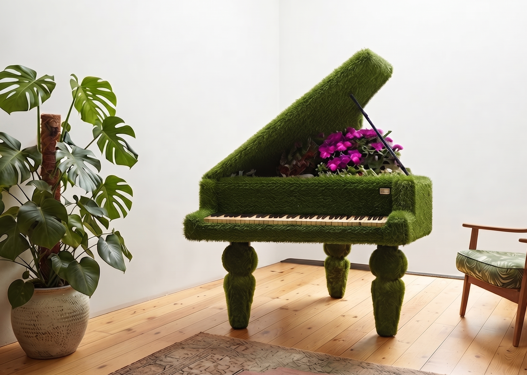 Grand Piano Estetik Kuyruklu Piyano Figürlü Peyzaj Sanatı - Çelik Konstrüksiyon Yapay Çim Heykeli ve Topiary 180x210x155 cm