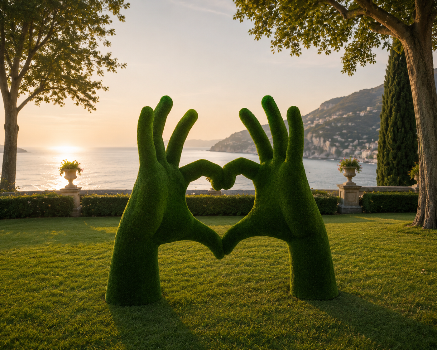 Hands heart Kalp Yapan Eller Figürlü Peyzaj Sanatı - Çelik Konstrüksiyon Yapay Çim Heykeli ve Topiary 300x300x180 cm