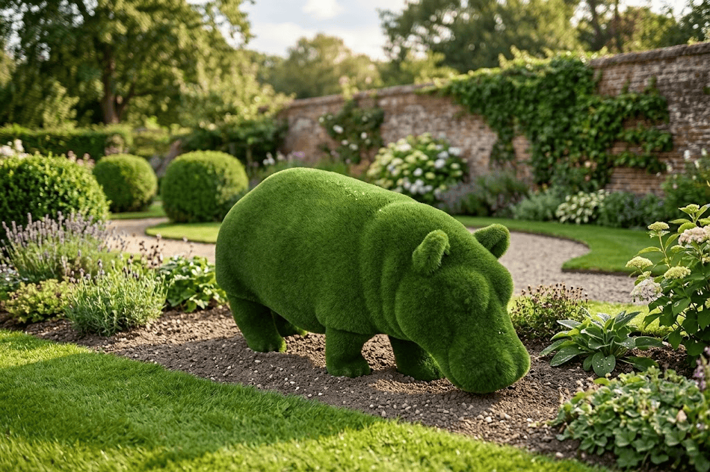 Hippo Small Dekoratif Su Aygırı Figürlü Peyzaj Sanatı - Çelik Konstrüksiyon Yapay Çim Heykeli ve Topiary 97x195x60 cm