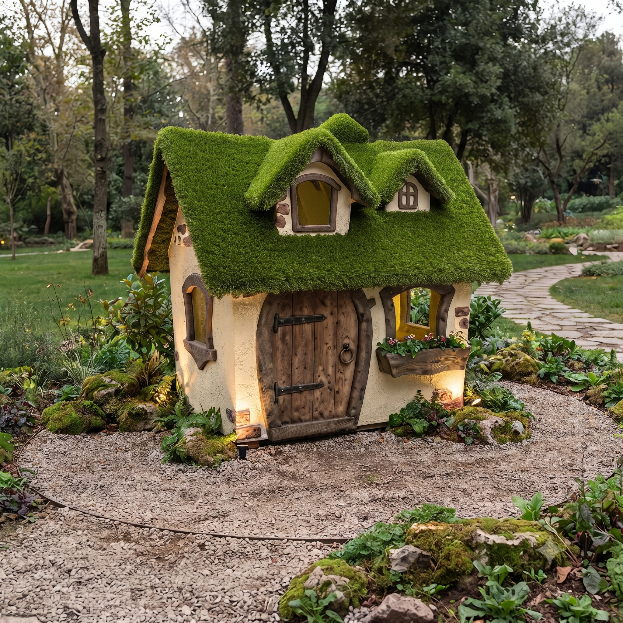 House Nostaljik Masal Evi Figürlü Peyzaj Sanatı - Çelik Konstrüksiyon Yapay Çim Heykeli ve Topiary 176x140x185 cm