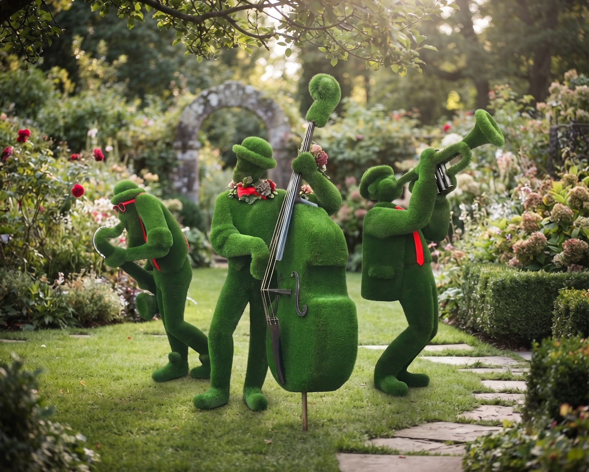 Jazz Band Sanatsal Caz Orkestrası Figürlü Peyzaj Sanatı - Çelik Konstrüksiyon Yapay Çim Heykeli ve Dev Topiary Seti (Kişiye Özel Ebat)