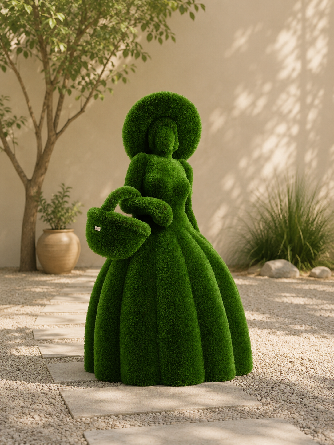 Lady with a basket Sepetli Kadın Figürlü Peyzaj Sanatı - Çelik Konstrüksiyon Yapay Çim Heykeli ve Topiary 220x137x137 cm