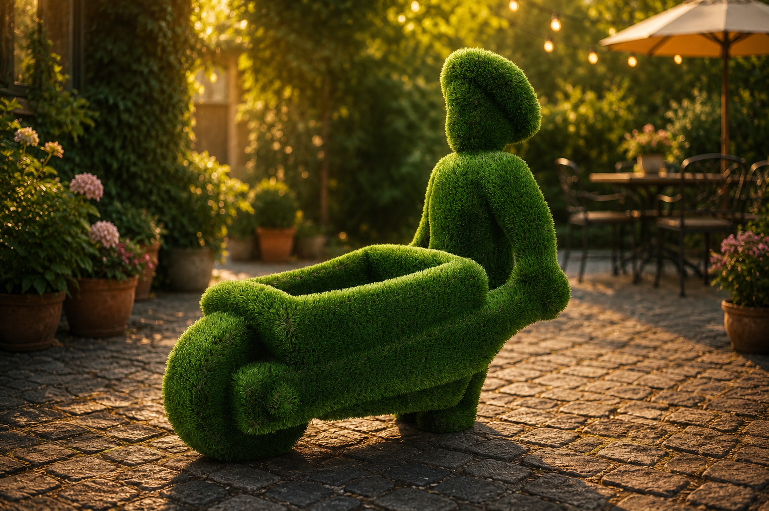 Man with a wheelbarrow El Arabalı Adam Figürlü Peyzaj Sanatı - Çelik Konstrüksiyon Yapay Çim Heykeli ve Topiary 135x130x90 cm