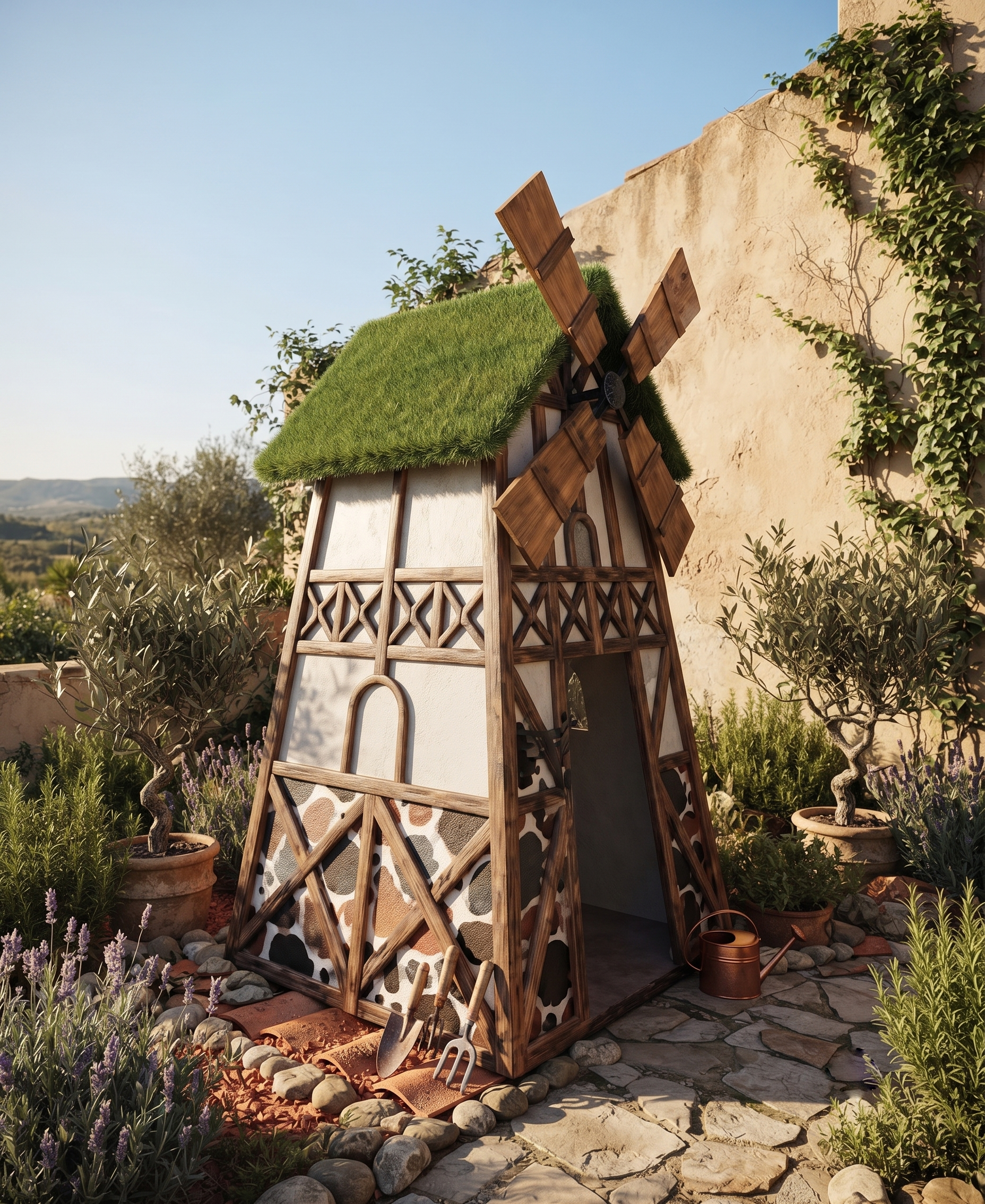 Mill House Nostaljik Değirmen Evi Figürlü Peyzaj Sanatı - Çelik Konstrüksiyon Yapay Çim Heykeli ve Dev Topiary 300x150x150 cm