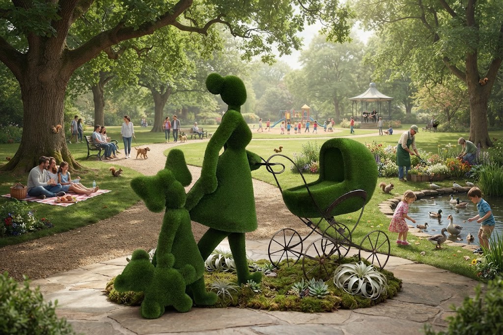 Mum with Children Anıtsal Anne ve Çocukları Figürlü Peyzaj Sanatı - Çelik Konstrüksiyon Yapay Çim Heykeli ve Dev Topiary 200x330x100 cm