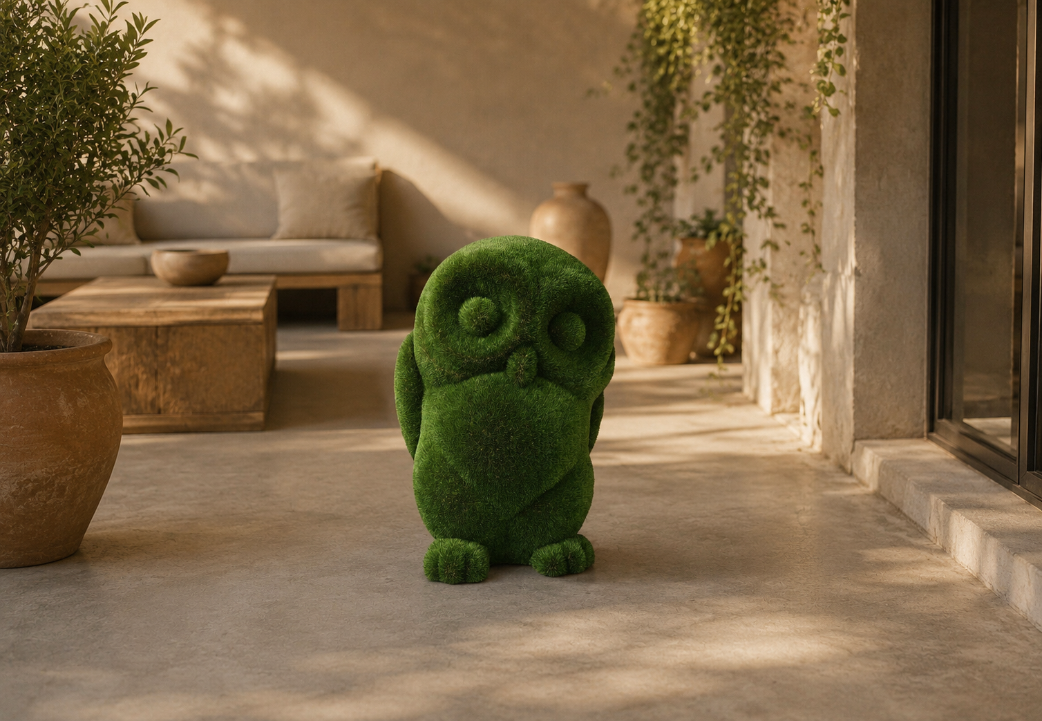 Owl Bilge Baykuş Figürlü Peyzaj Sanatı - Çelik Konstrüksiyon Yapay Çim Heykeli ve Topiary 200x160x140 cm