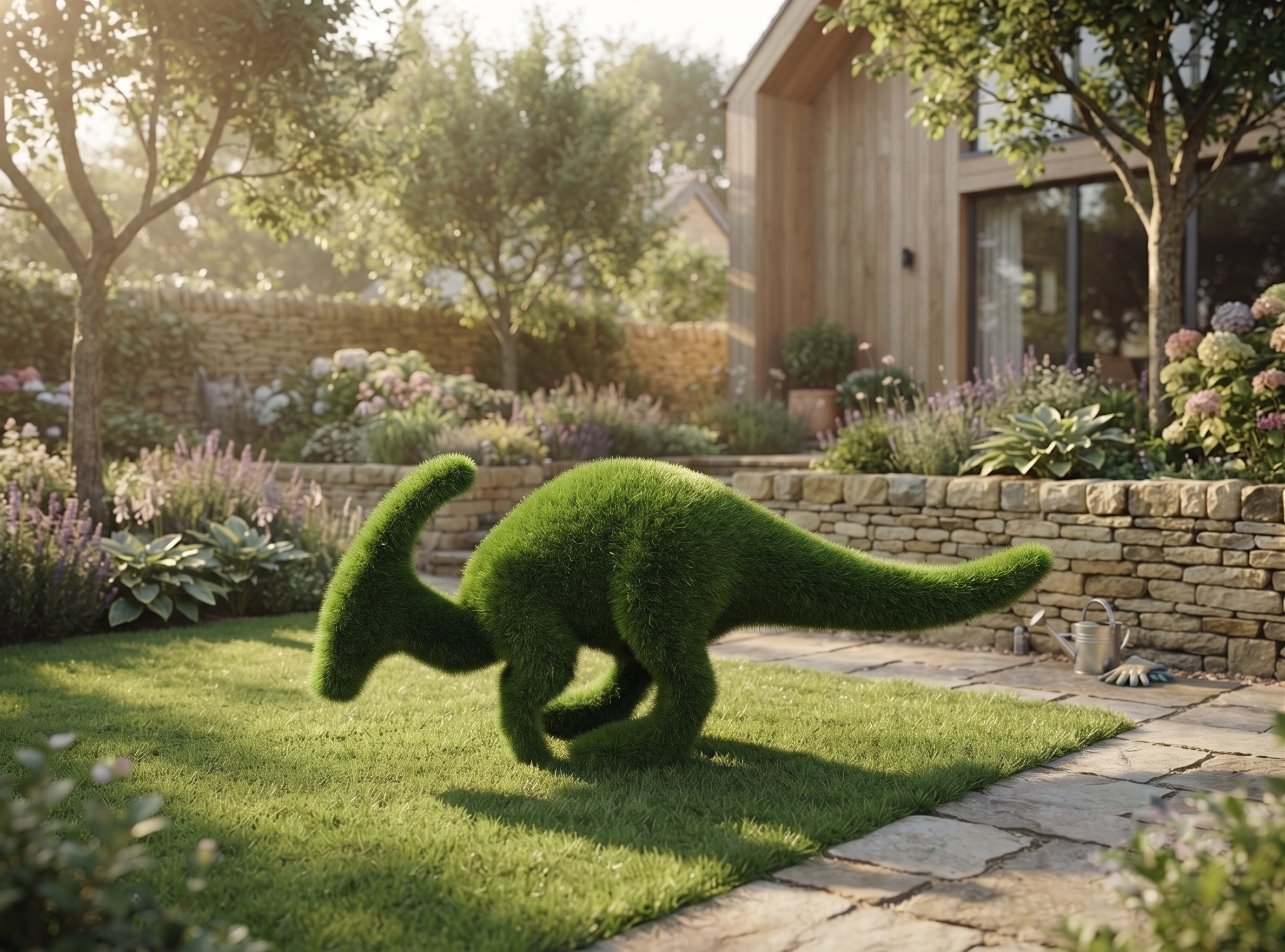 Parasaurolophus small İbikli Dinozor Figürlü Peyzaj Sanatı - Çelik Konstrüksiyon Yapay Çim Heykeli ve Topiary 165x370x180 cm