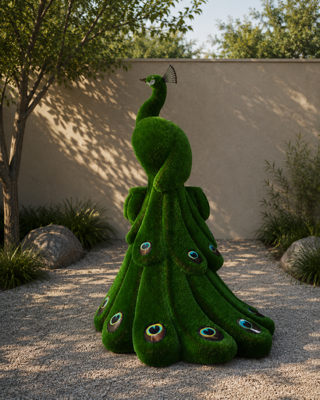 Peafowl on Vase Antik Vazoda Şahlanan Tavus Kuşu Figürlü Peyzaj Sanatı - Çelik Konstrüksiyon Yapay Çim Heykeli ve Dev Topiary 270x230x220 cm