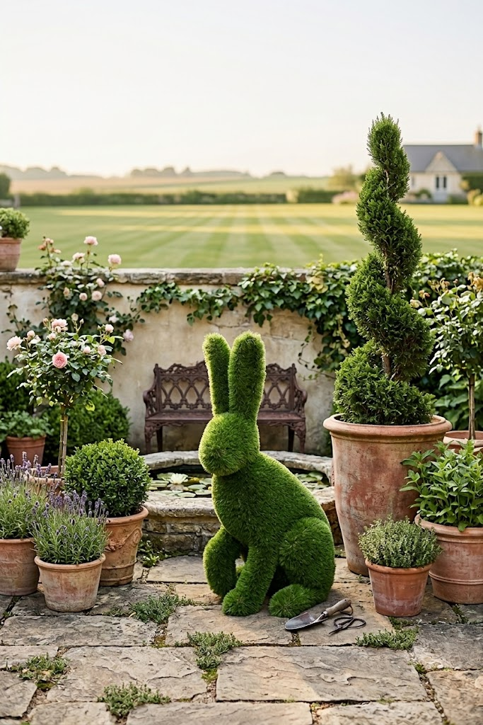 Rabbit sitting Oturan Tavşan Figürlü Peyzaj Sanatı - Çelik Konstrüksiyon Yapay Çim Heykeli ve Topiary 110x70x45 cm