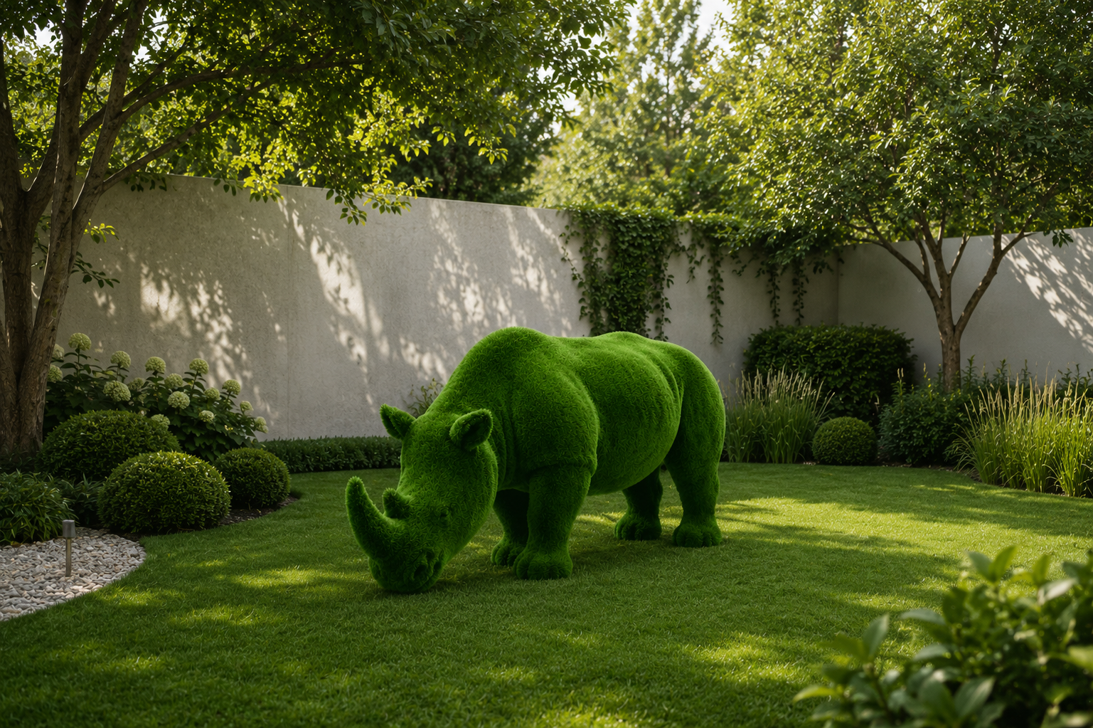 Rhinoceros Small Dekoratif Gergedan Figürlü Peyzaj Sanatı - Çelik Konstrüksiyon Yapay Çim Heykeli ve Topiary 110x210x80 cm