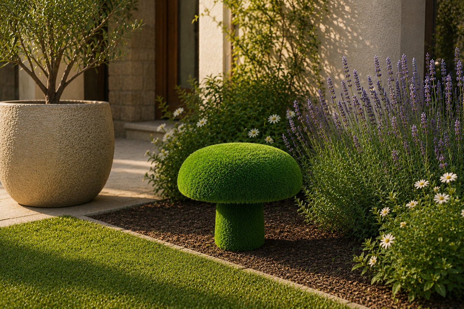 Russula XL Anıtsal Dev Mantar Figürlü Peyzaj Sanatı - Çelik Konstrüksiyon Yapay Çim Heykeli ve Topiary 87x110x110 cm