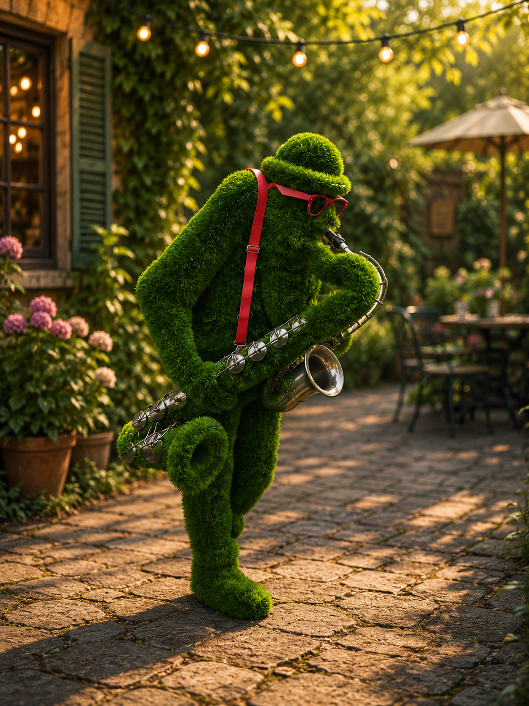 Saxophone player Saksafon Sanatçısı Figürlü Peyzaj Sanatı - Çelik Konstrüksiyon Yapay Çim Heykeli ve Topiary 250x80x140 cm