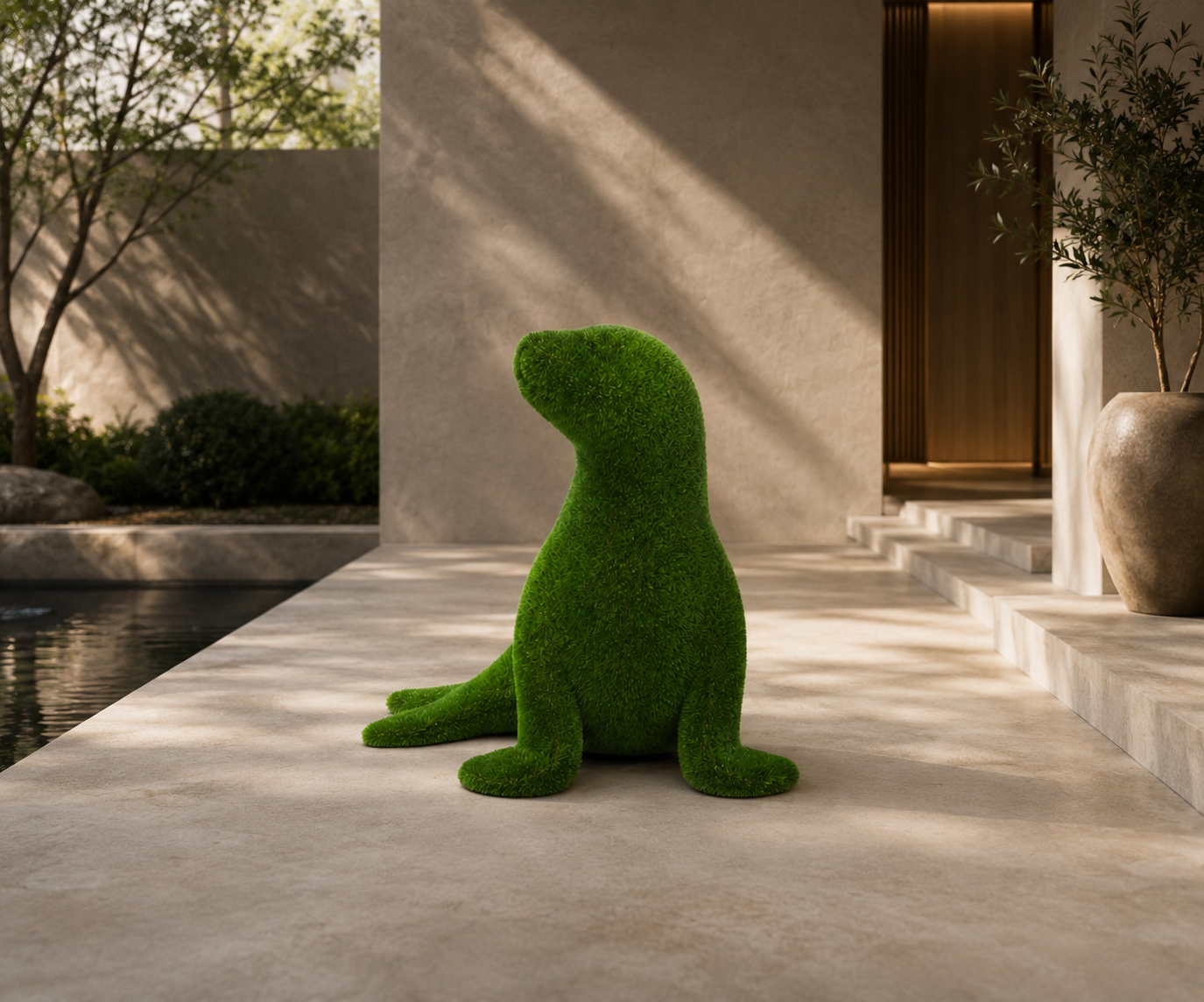 Sea lion left Sola Bakan Deniz Aslanı Figürlü Peyzaj Sanatı - Çelik Konstrüksiyon Yapay Çim Heykeli ve Topiary 150x120x120 cm
