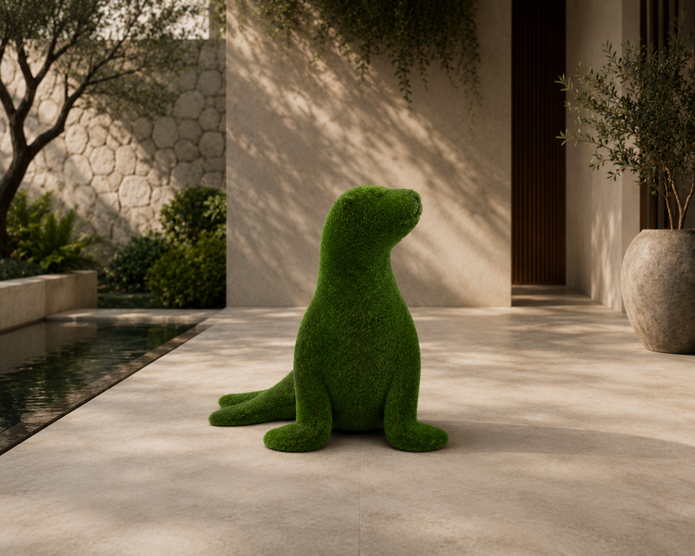 Sea lion right Sağa Bakan Deniz Aslanı Figürlü Peyzaj Sanatı - Çelik Konstrüksiyon Yapay Çim Heykeli ve Topiary 120x110x120 cm