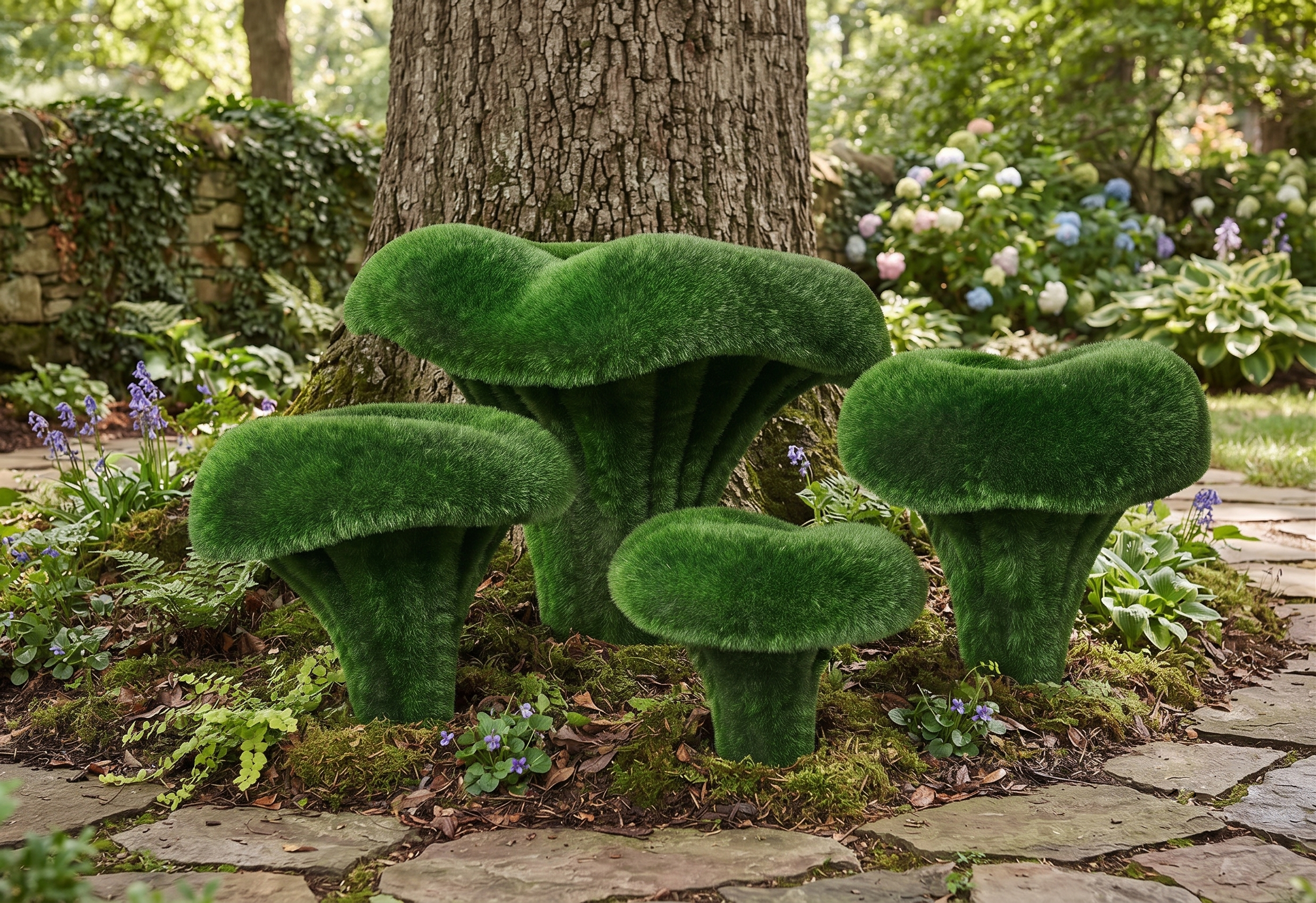 Set of Chanterelle Mushrooms Anıtsal Sarı Kız Mantarları Seti Figürlü Peyzaj Sanatı - Çelik Konstrüksiyon Yapay Çim Heykeli ve Dev Topiary Seti (Kişiye Özel Ebat)