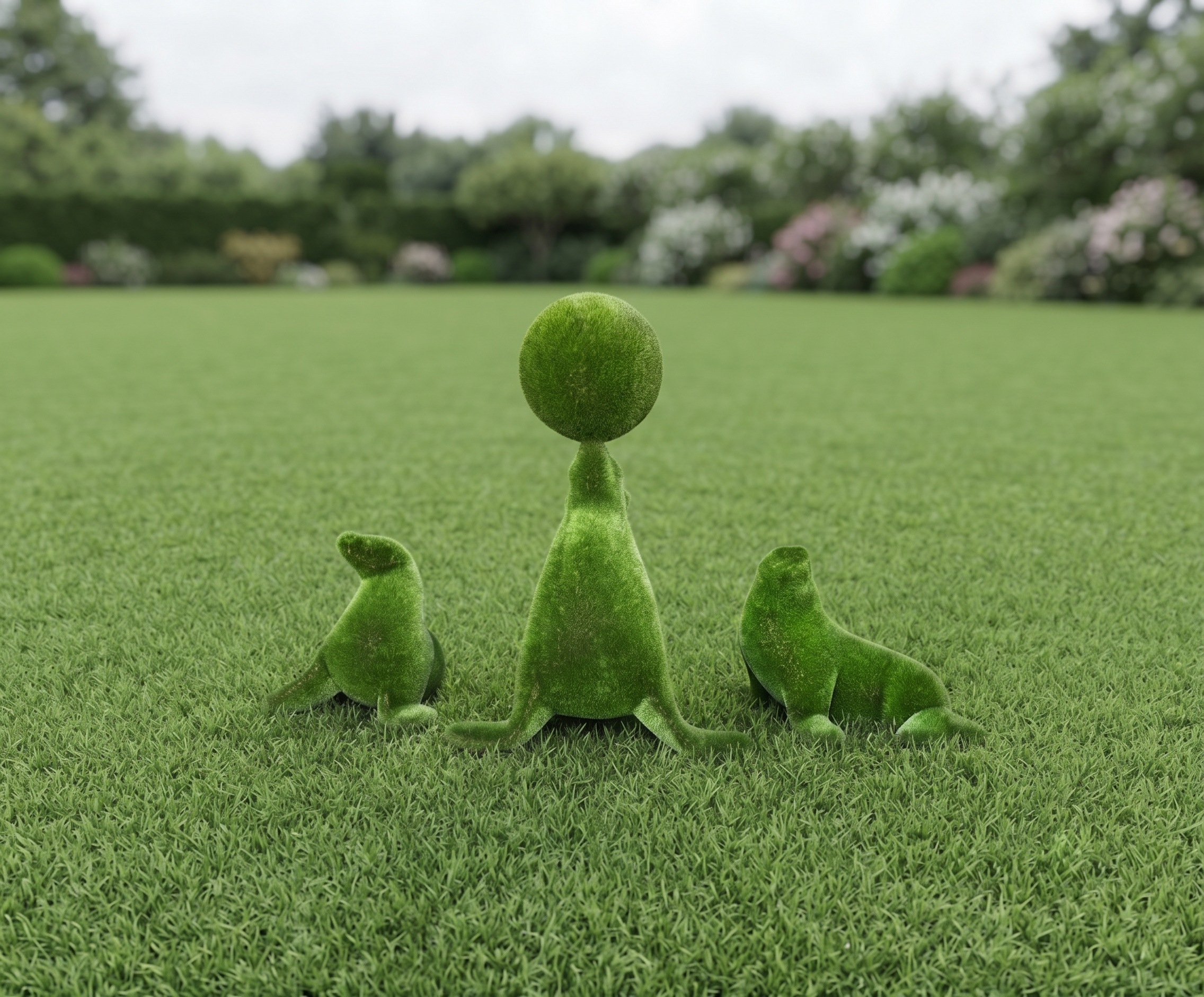 Set of Sea Lions Neşeli Deniz Aslanları Seti Figürlü Peyzaj Sanatı - Çelik Konstrüksiyon Yapay Çim Heykeli ve Dev Topiary Seti (Kişiye Özel Ebat)
