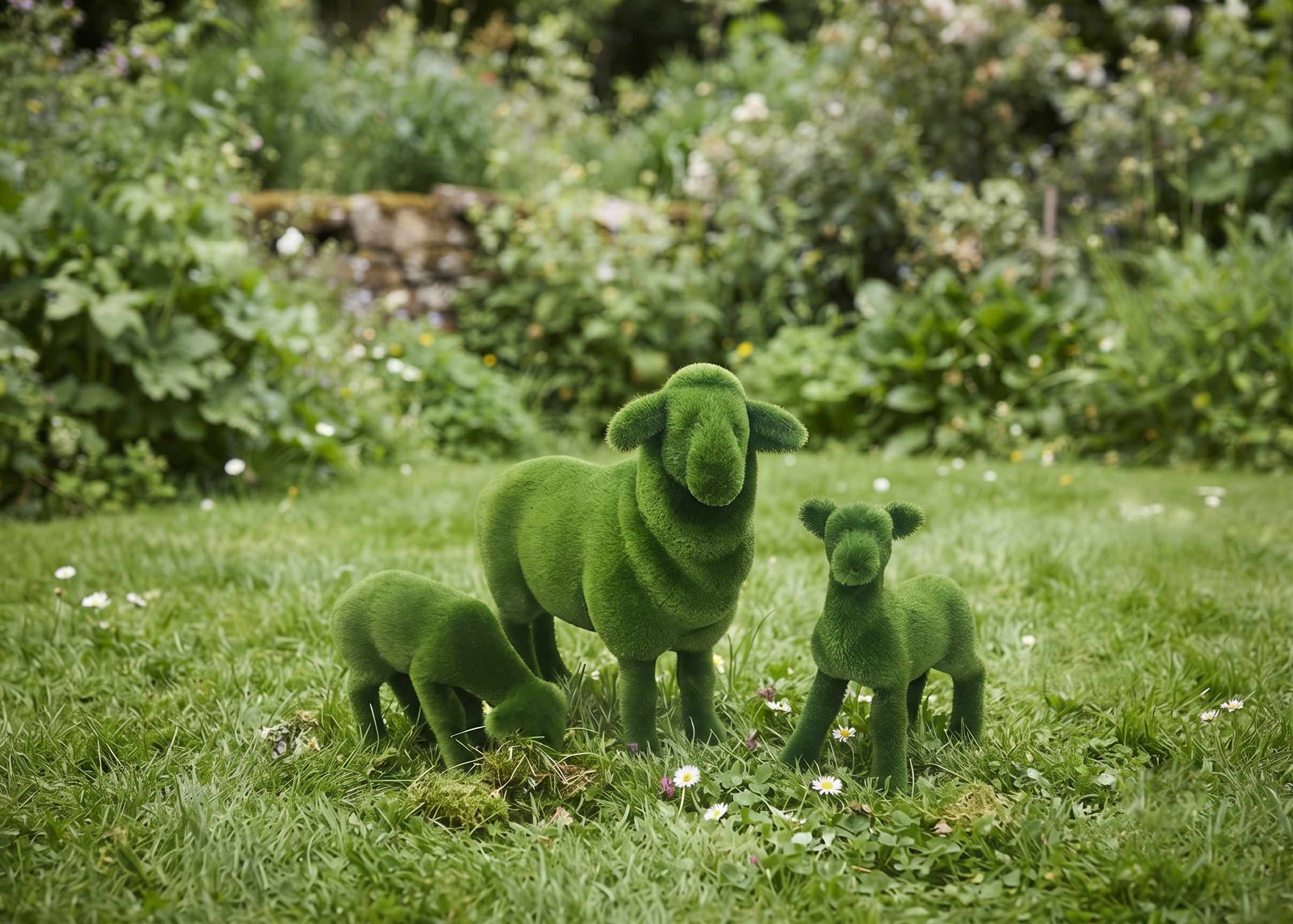 Set of Sheep Kırsal Koyun Sürüsü Figürlü Peyzaj Sanatı - Çelik Konstrüksiyon Yapay Çim Heykeli ve Dev Topiary Seti (Kişiye Özel Ebat)