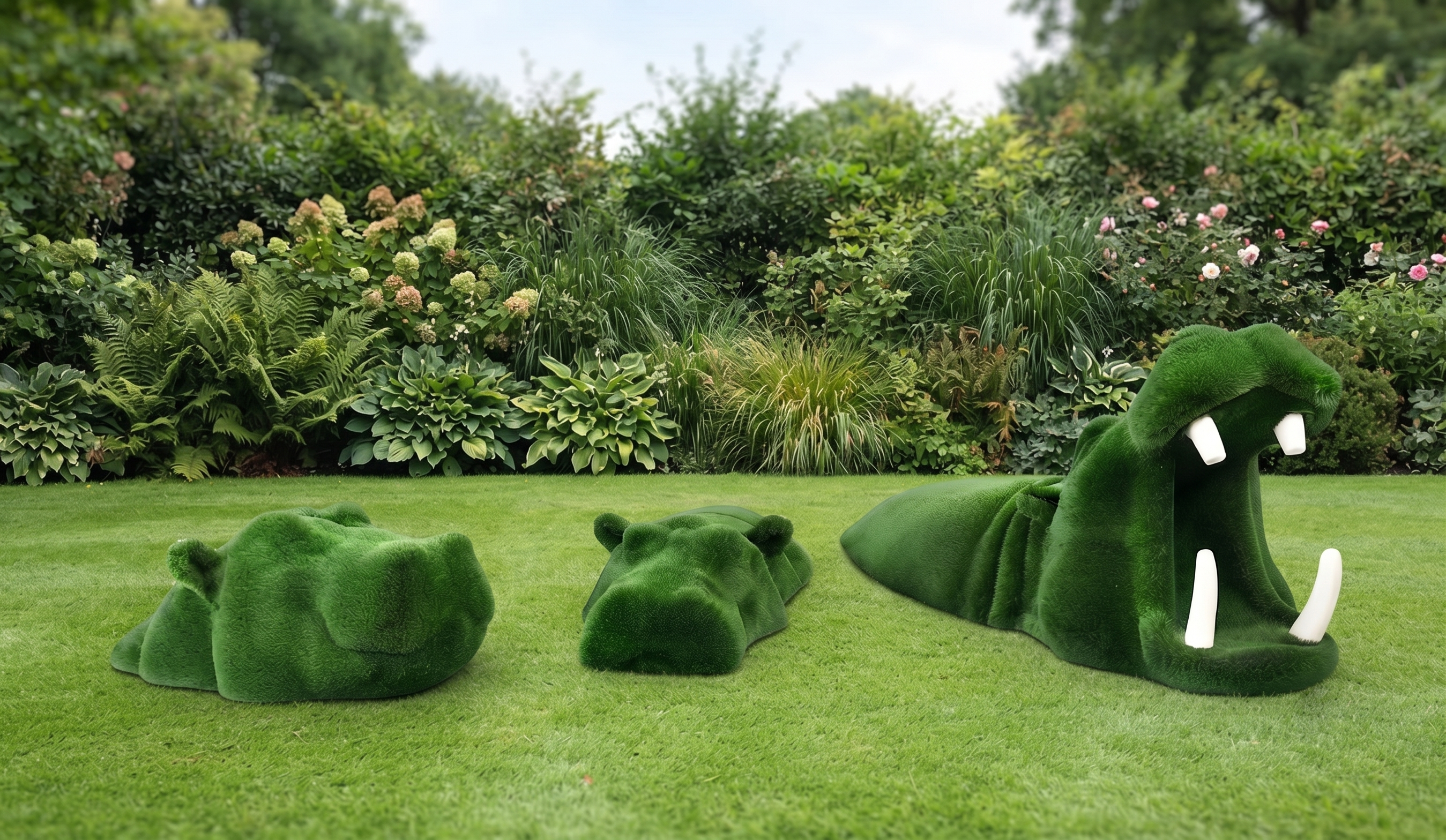 Set of Swimming Hippos Yüzen Su Aygırları Seti Figürlü Peyzaj Sanatı - Çelik Konstrüksiyon Yapay Çim Heykeli ve Dev Topiary Seti (Kişiye Özel Ebat)
