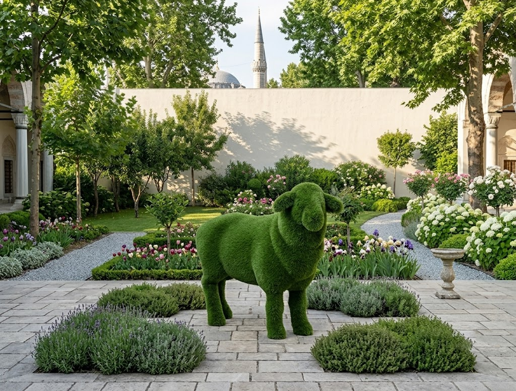 Sheep Sevimli Koyun Figürlü Peyzaj Sanatı - Çelik Konstrüksiyon Yapay Çim Heykeli ve Topiary 130x165x60 cm