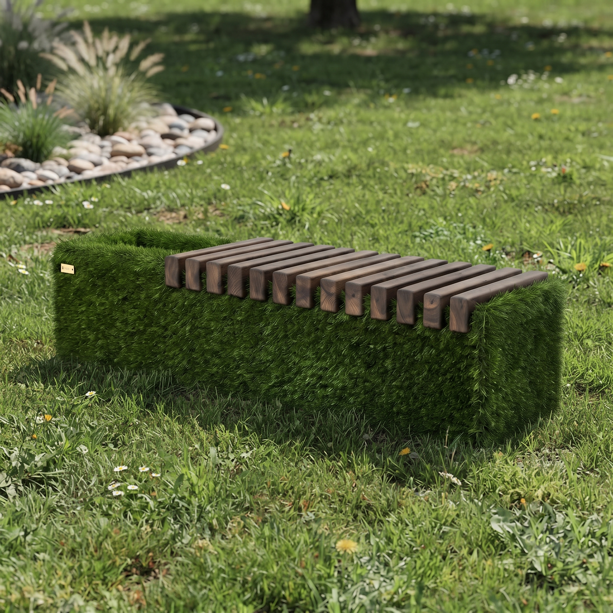 Sherwood Bench With A Niche WPC Dark Niş Tasarımlı Peyzaj Bankı - Çelik Konstrüksiyon Yapay Çim Heykeli ve Fonksiyonel Topiary 49x175x50 cm