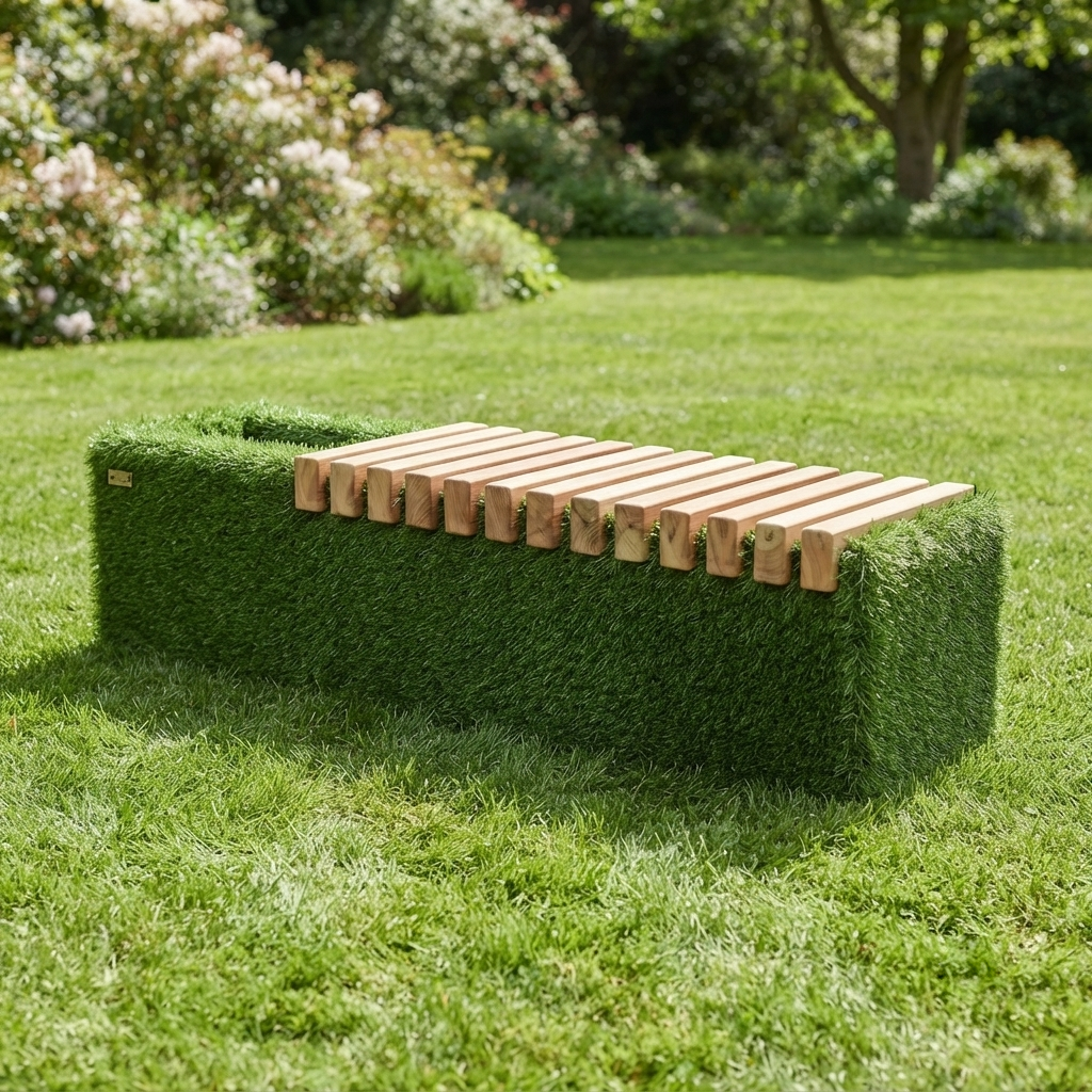 Sherwood Bench With A Niche WPC Light Niş Tasarımlı Peyzaj Bankı - Çelik Konstrüksiyon Yapay Çim Heykeli ve Fonksiyonel Topiary 49x175x50 cm