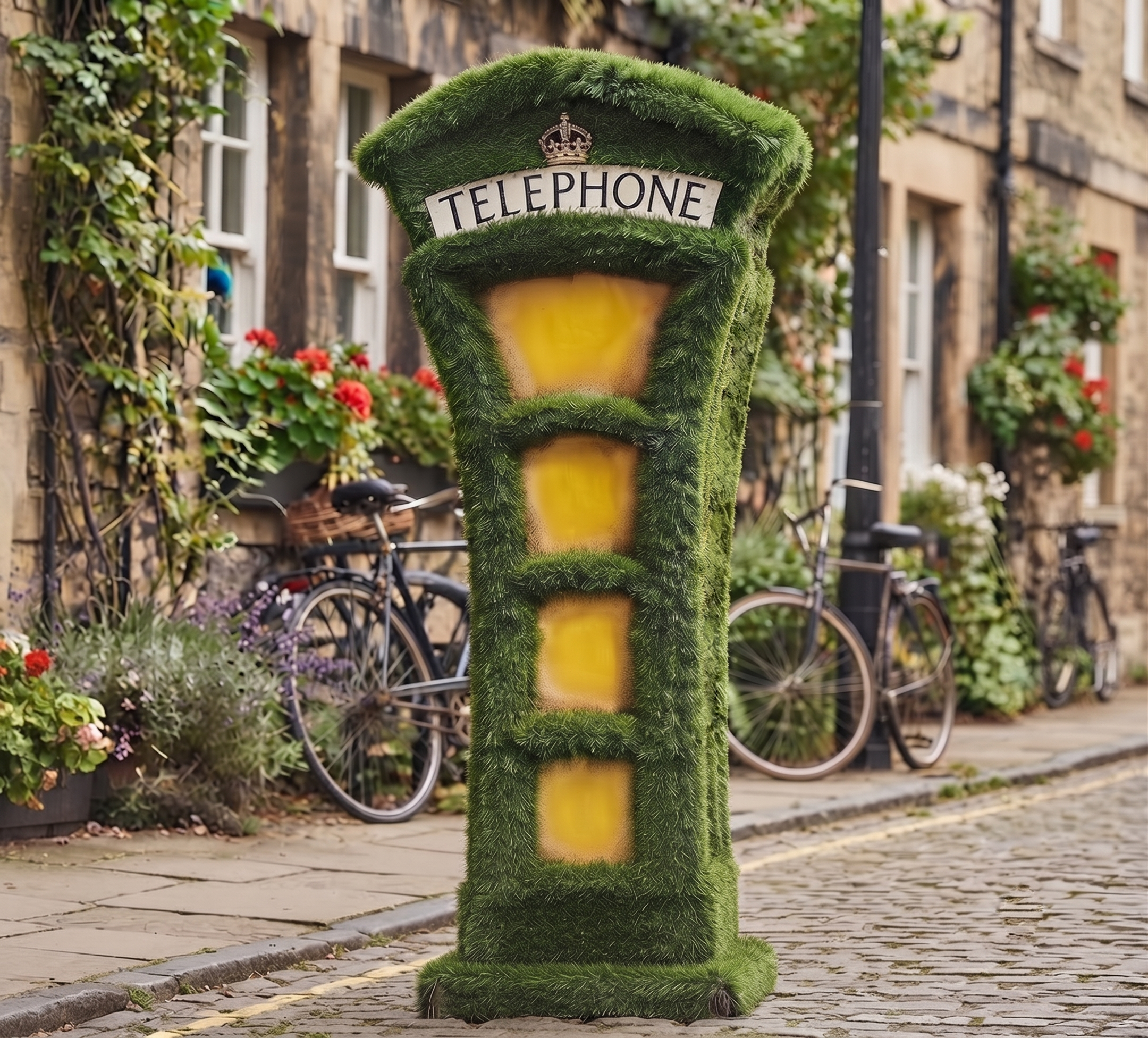 Telephone Box Nostaljik İngiliz Telefon Kulübesi Figürlü Peyzaj Sanatı - Çelik Konstrüksiyon Yapay Çim Heykeli ve Dev Topiary 260x130x100 cm